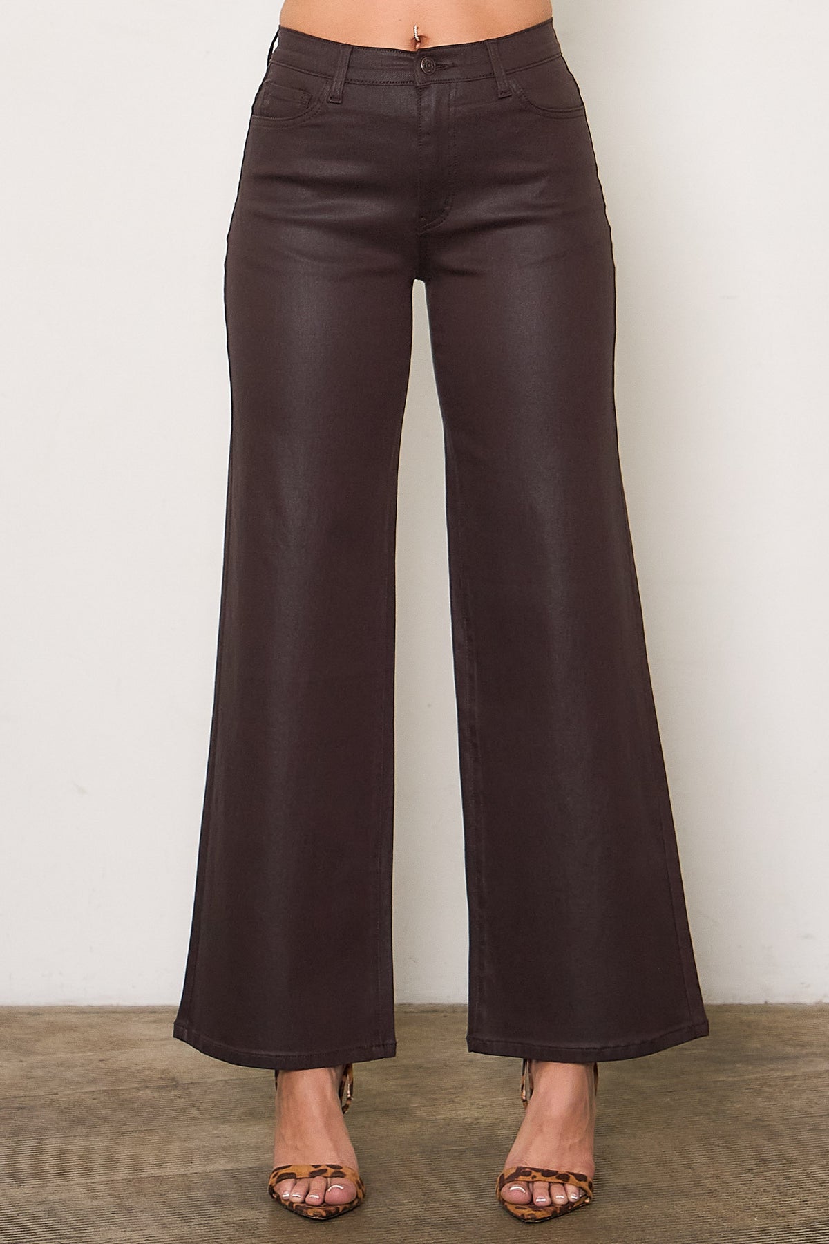Eva Brown Coated Wide Leg Jeans