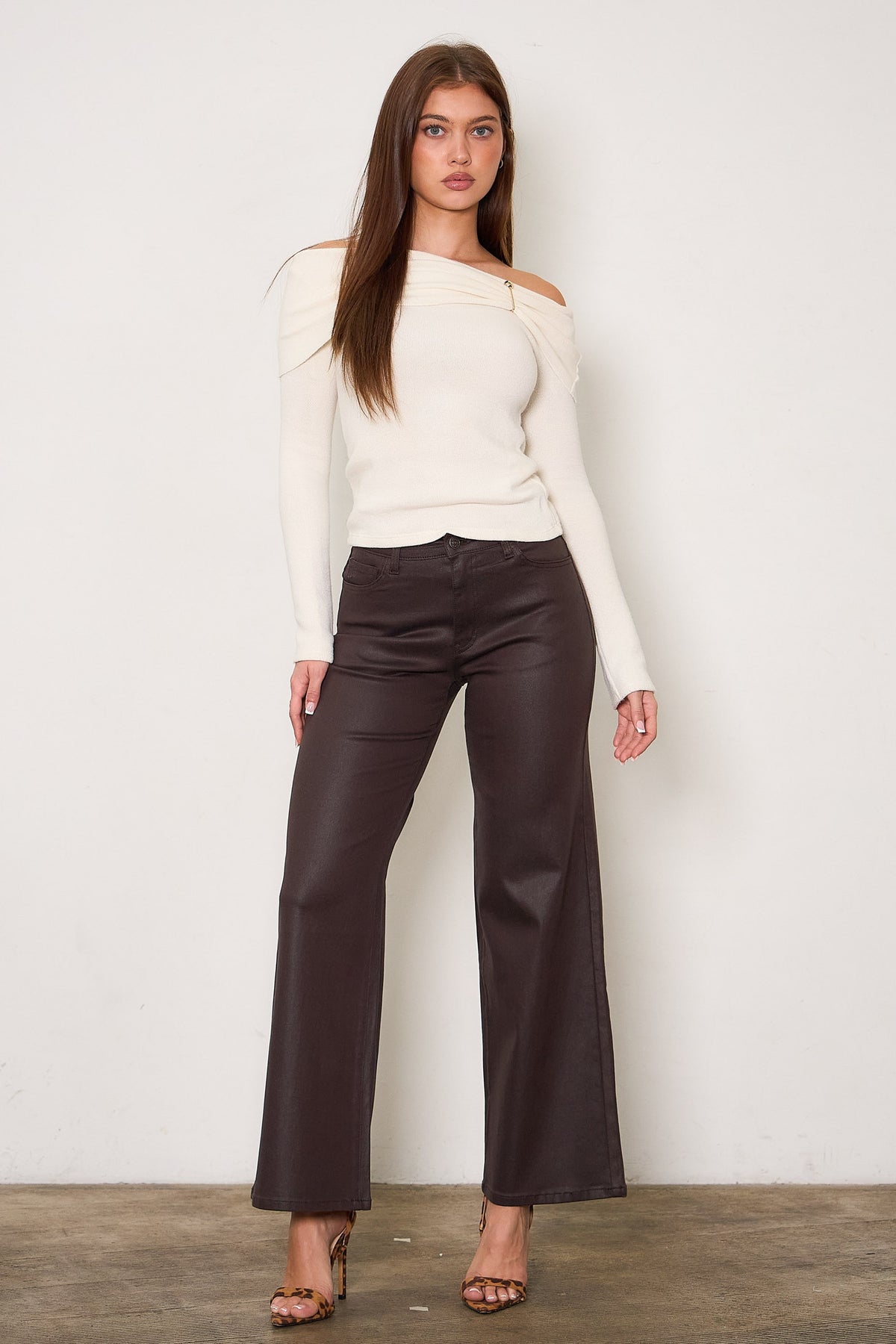 Eva Brown Coated Wide Leg Jeans