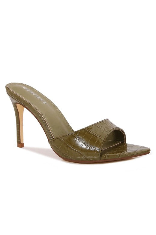 Tess Olive Green Open Toe Croc Heels