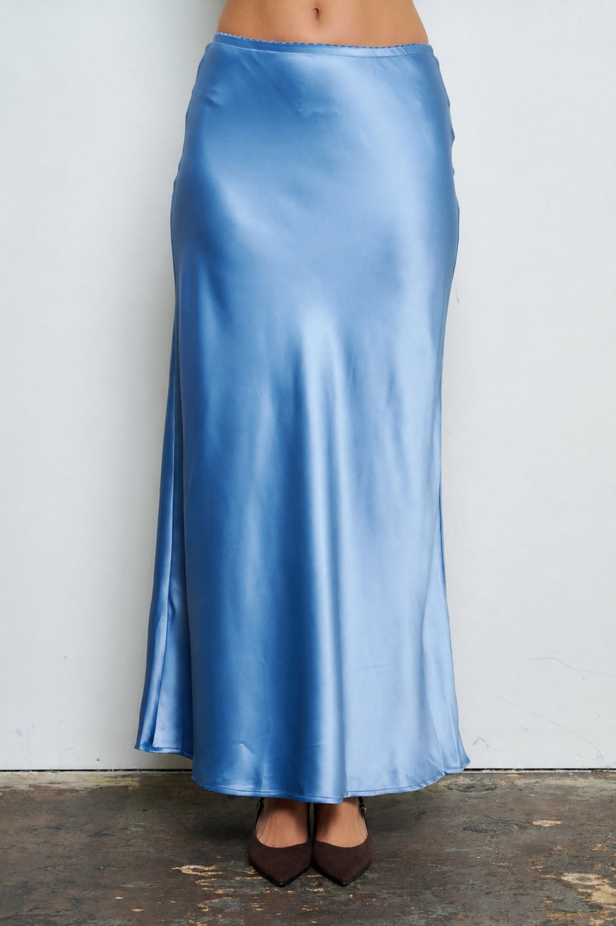 Penelope Dusty Blue Satin Slip Midi Skirt