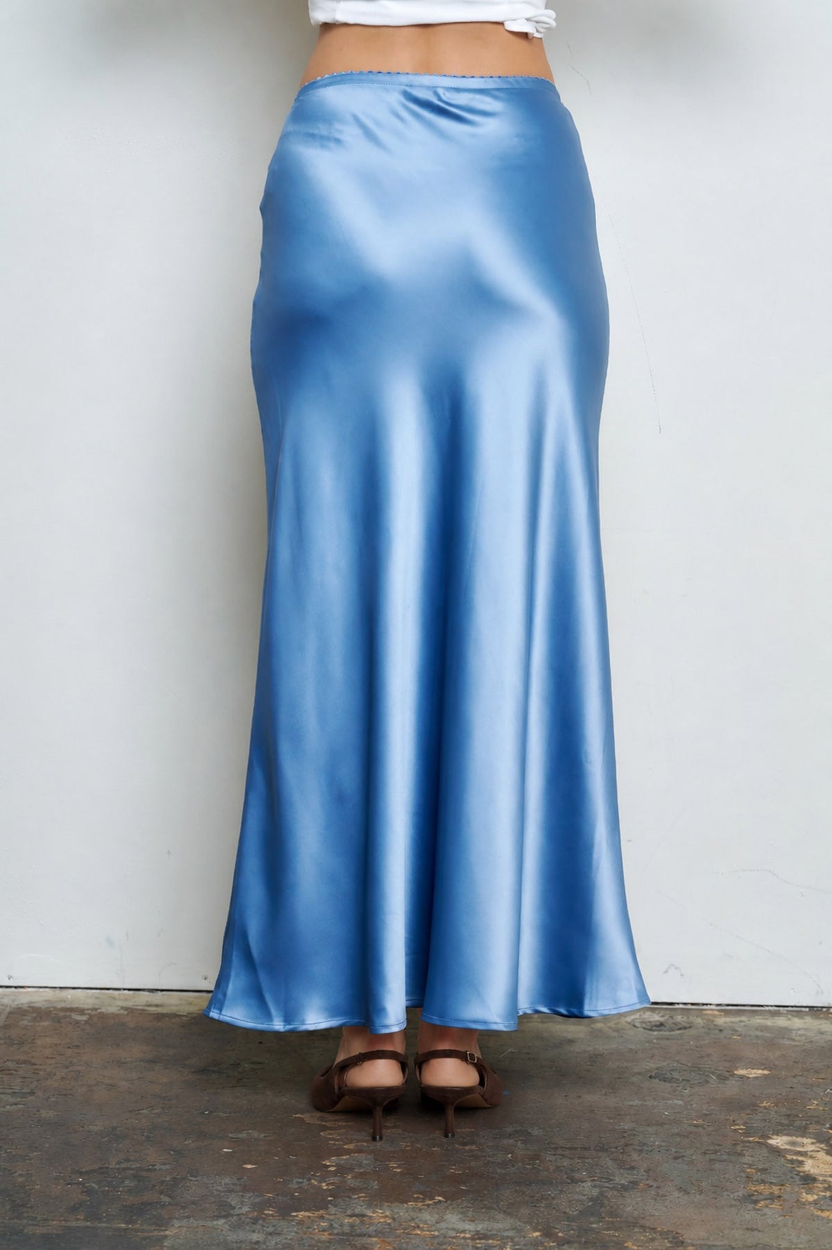 Penelope Dusty Blue Satin Slip Midi Skirt