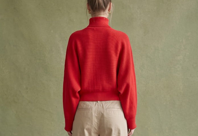 Krista Red Ribbed Batwing Turtleneck Sweater Top