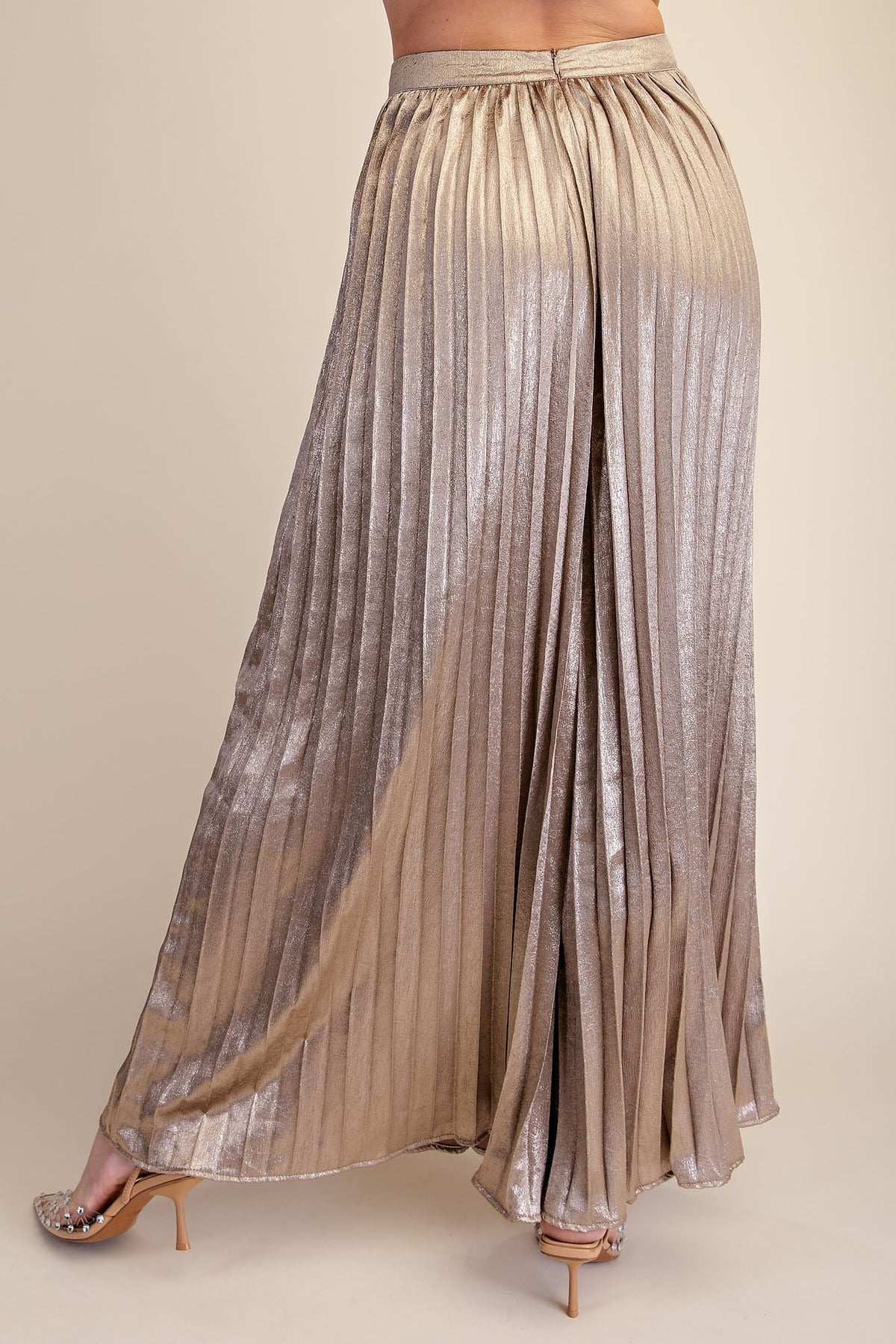 Montana Taupe Metallic Pleated Wide Leg Pants
