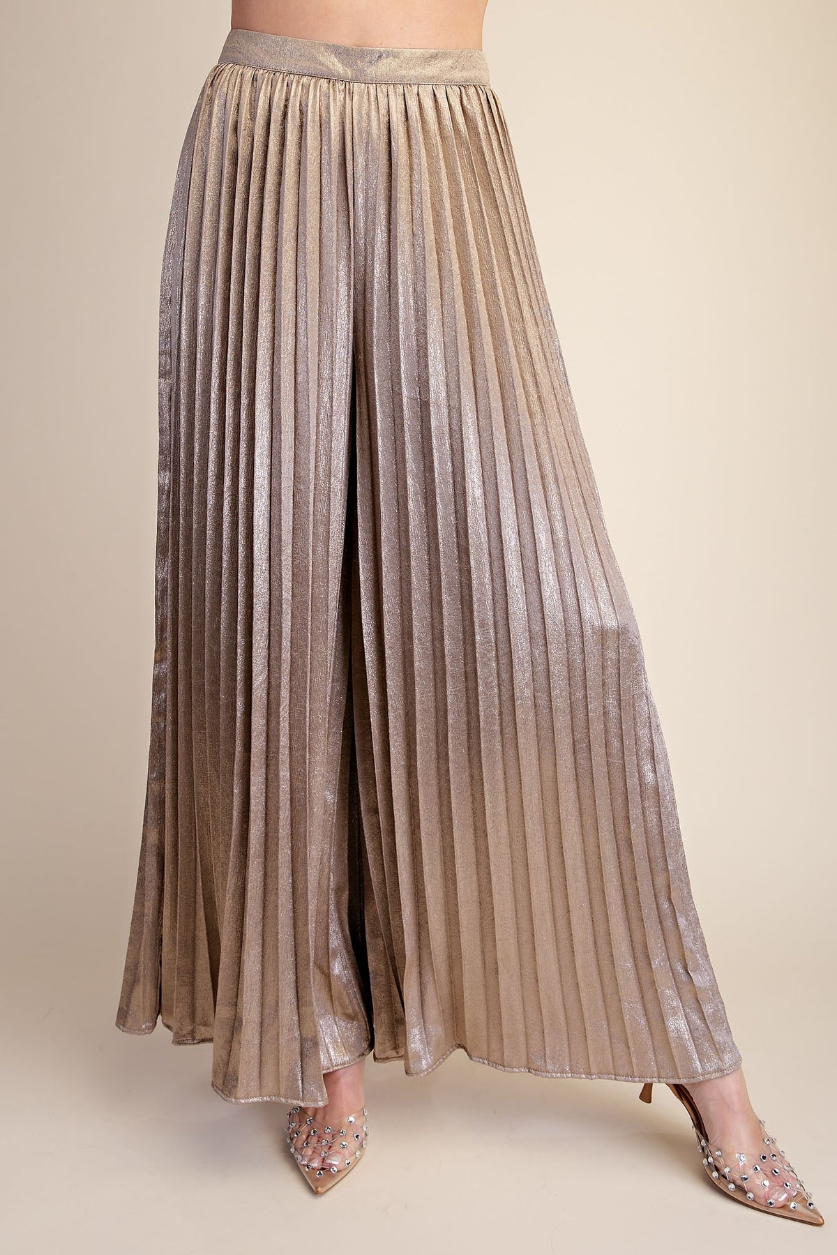 Montana Taupe Metallic Pleated Wide Leg Pants