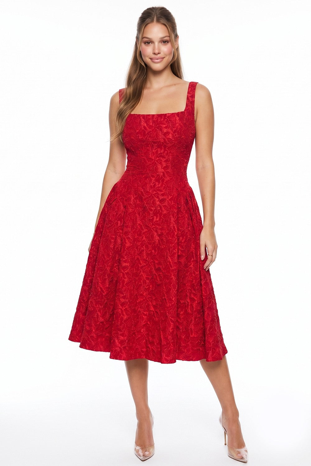 Rebekah Red Jacquard Flare Midi Dress