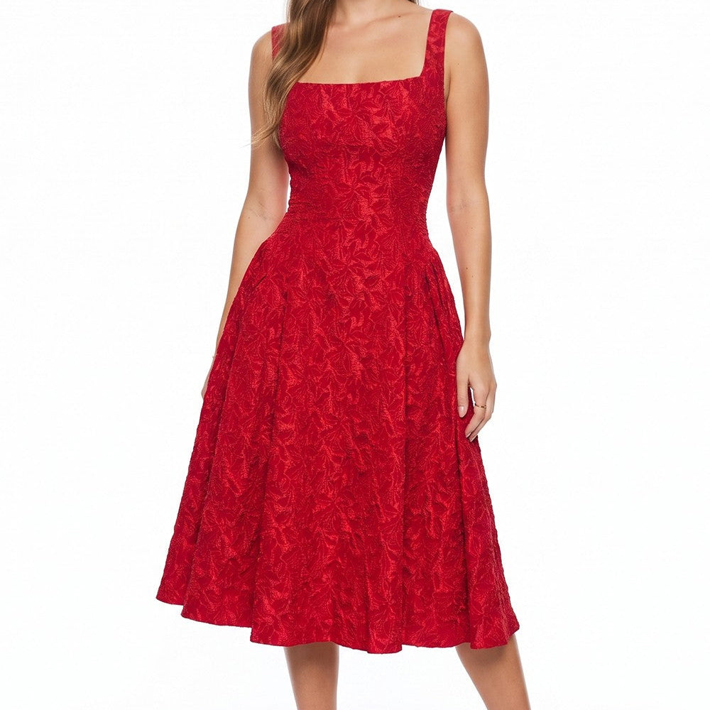 Rebekah Red Jacquard Flare Midi Dress