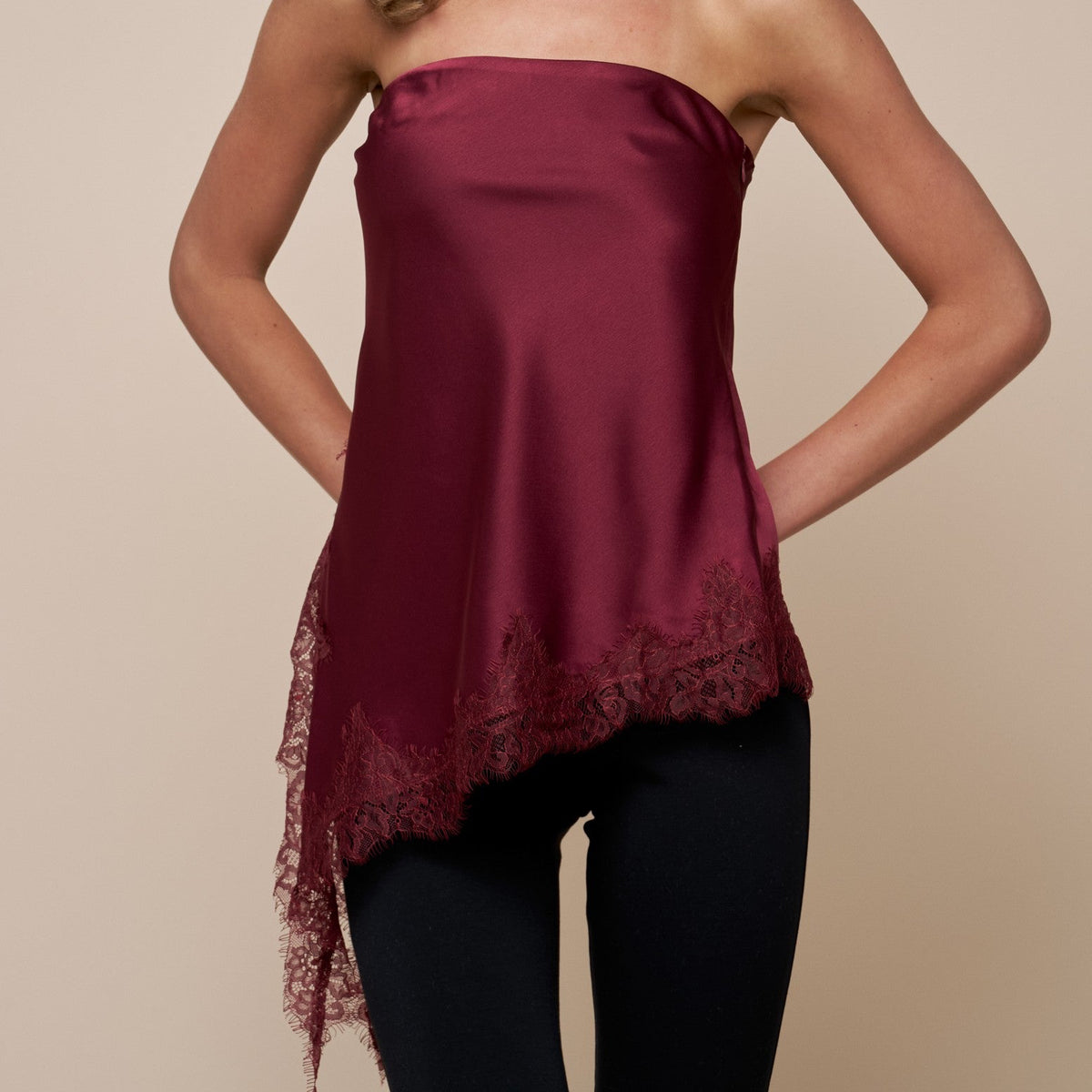 Nancy Burgundy Satin Tube Top With Lace