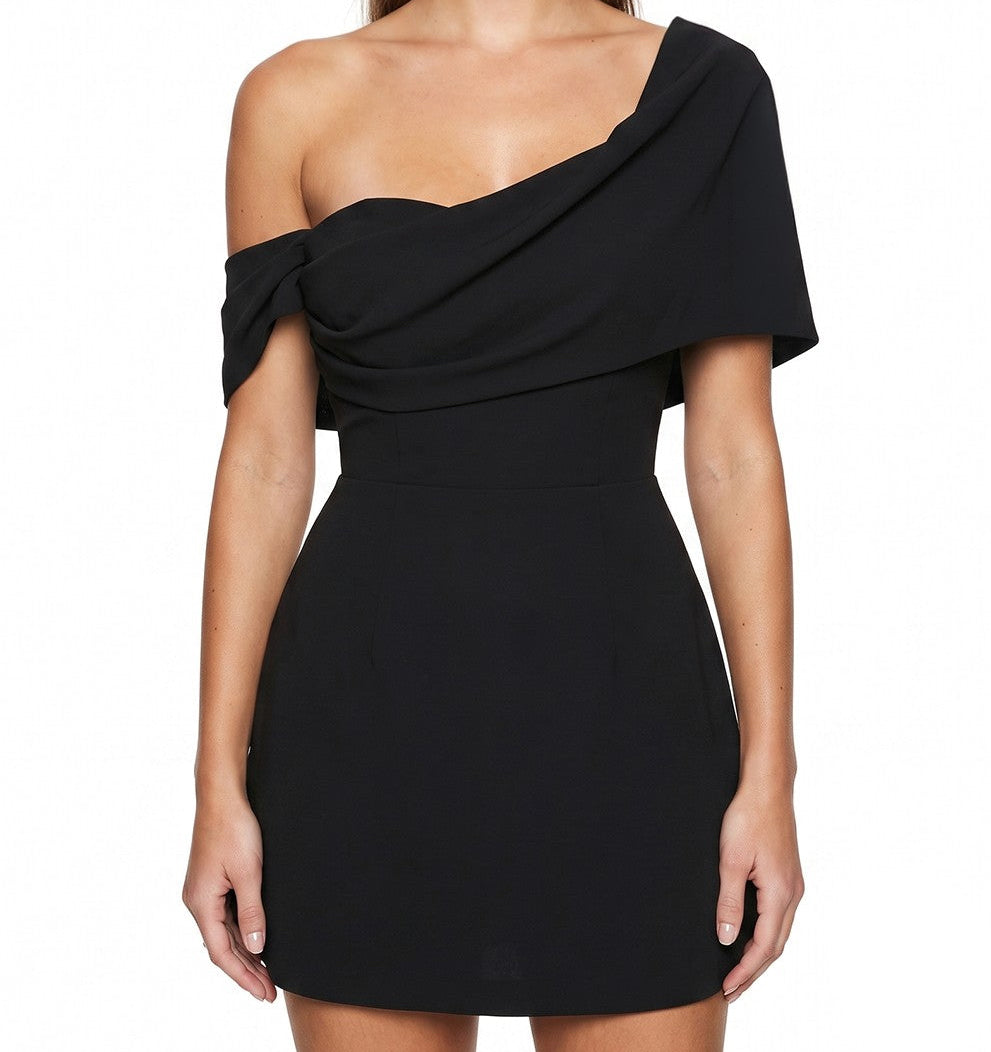 Addi Black Asymmetrical One-Shoulder Draped Mini Dress