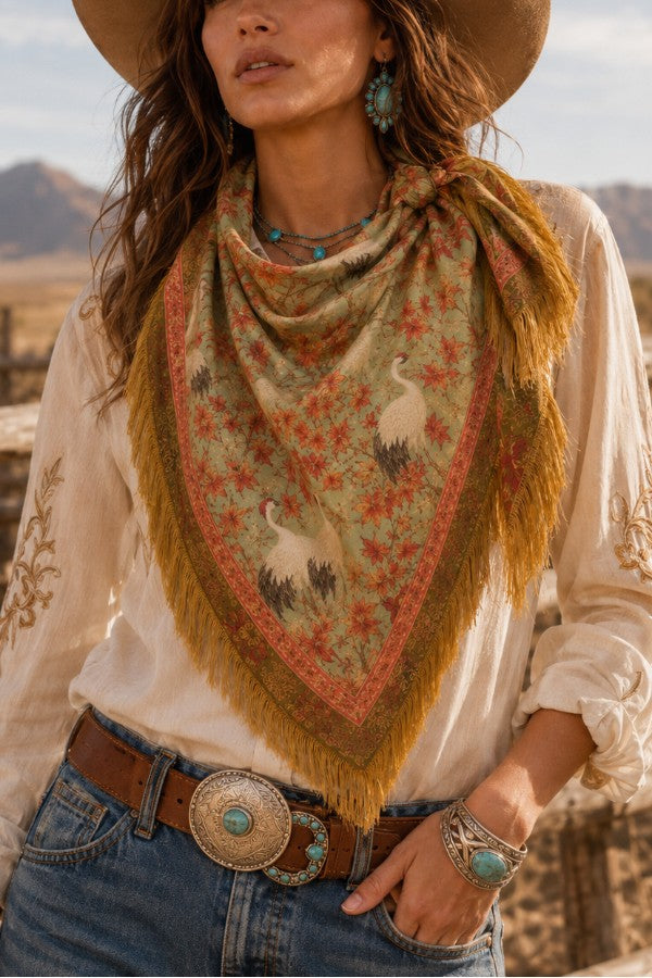 Western Botanical Fringed Square Scarf