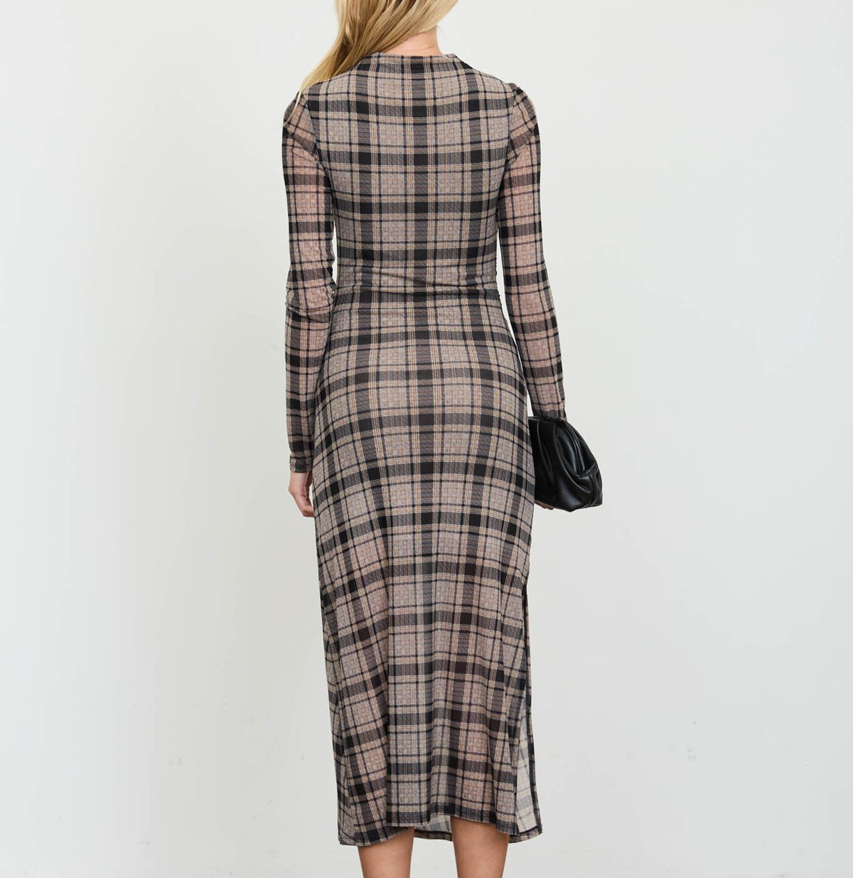 Astrid Plaid Ruched High Neck Midi Dress