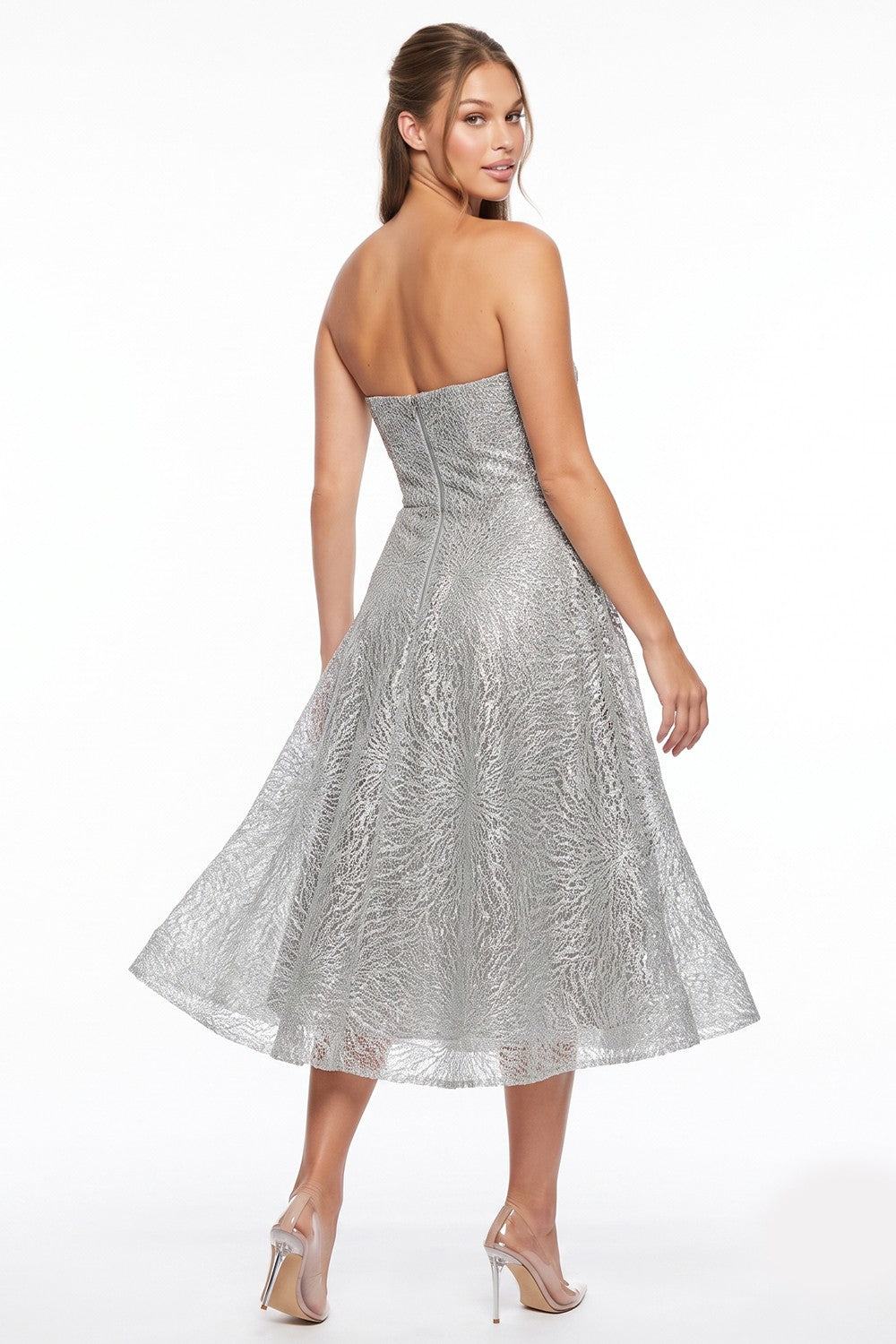 Monica Silver Glitter Strapless A-Line Midi Dress