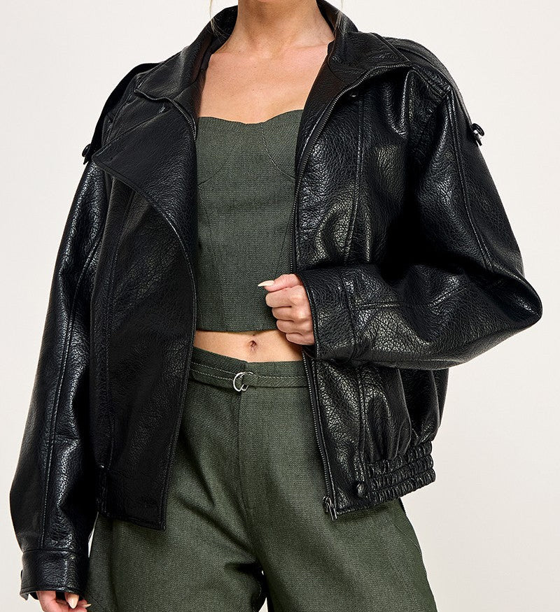 Melody Black Faux Leather Oversized Bomber Jacket