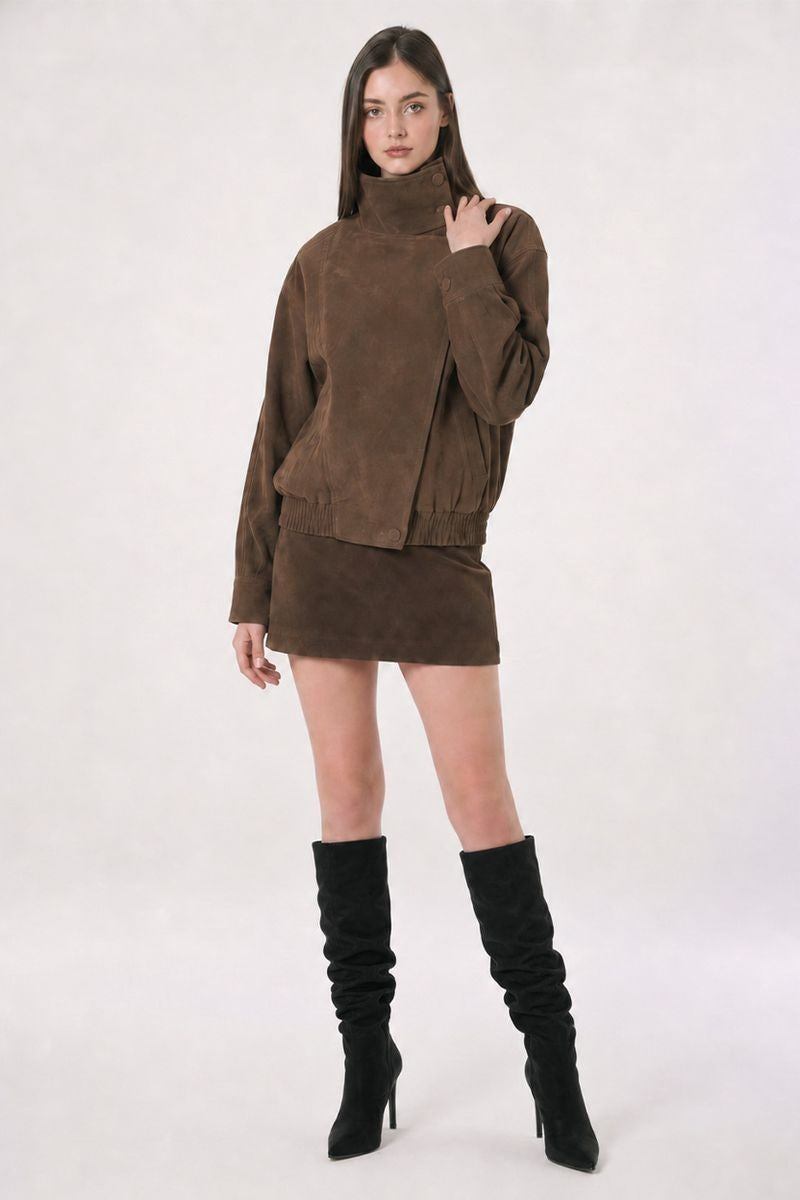 Gloria Dark Brown Faux Suede Motor Jacket