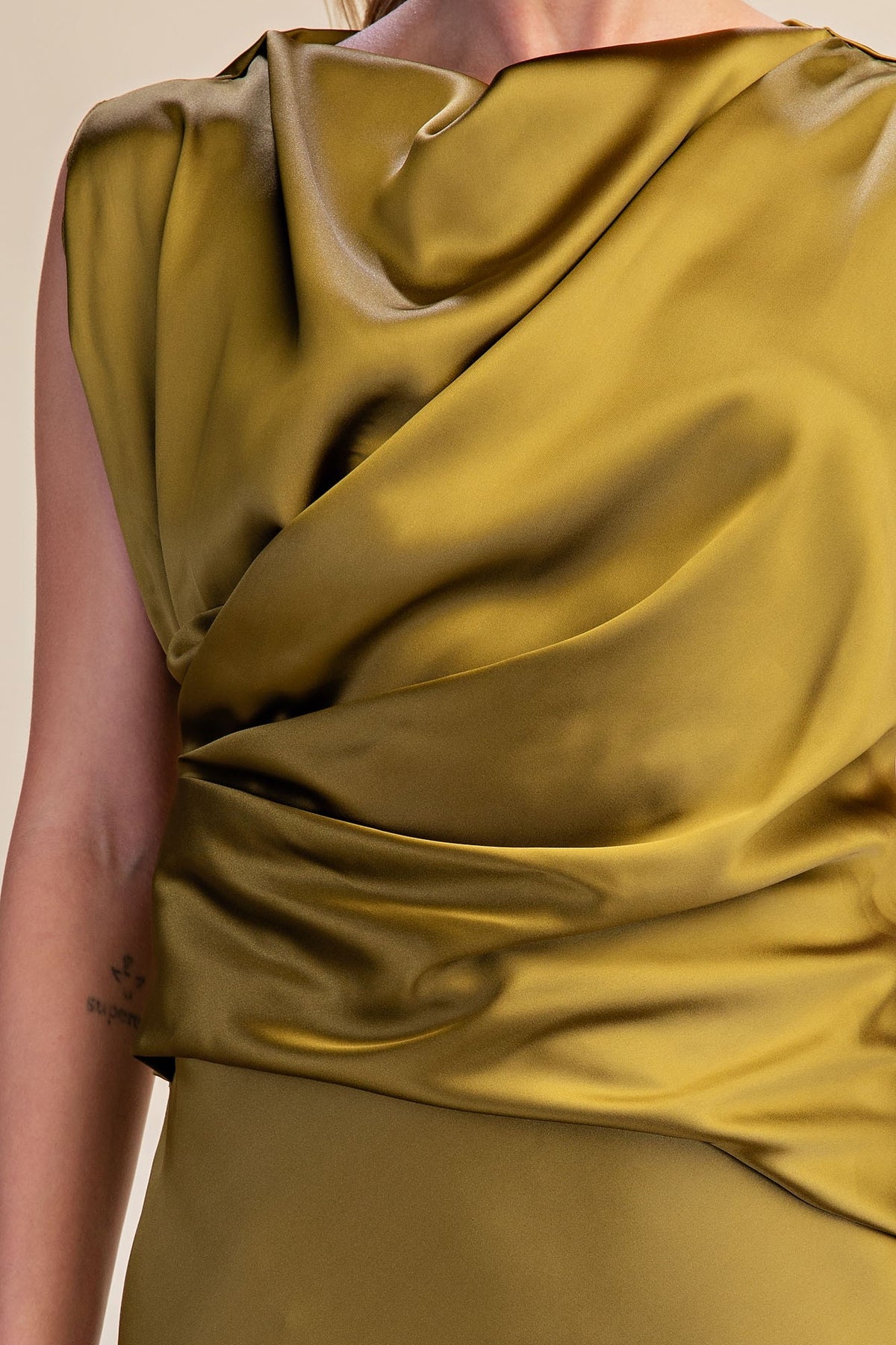 Ryleigh Olive Cowl Neck Column Satin Dress