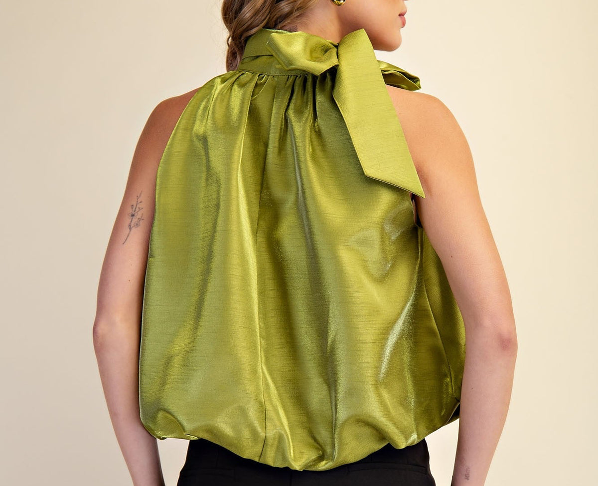 Carolyn Olive High Neck Tie Wrap Top