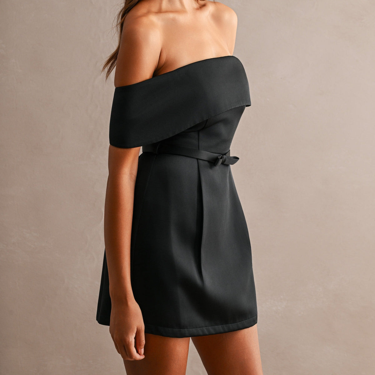 Debbie Black Satin Off-Shoulder Fold-Over Mini Dress