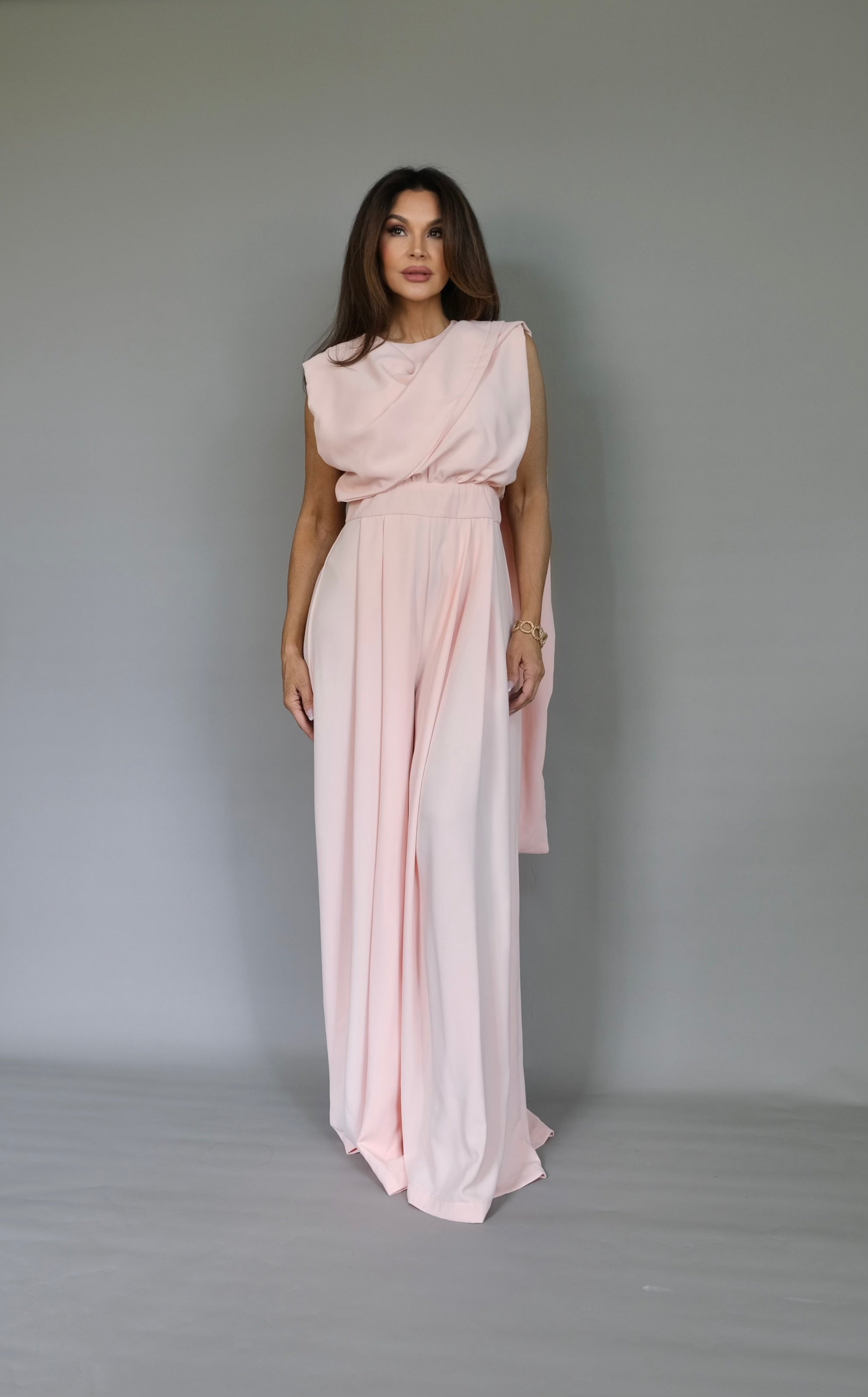 Jersey light peach wide leg jumpsuit with scarf detail