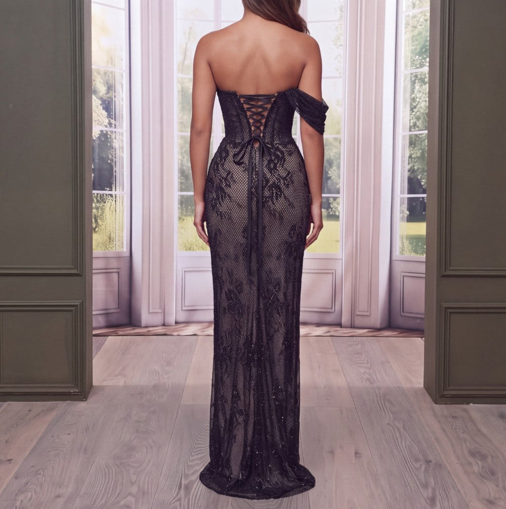 Harlowe Black Mesh With Lace Overlay Corset Maxi Dress