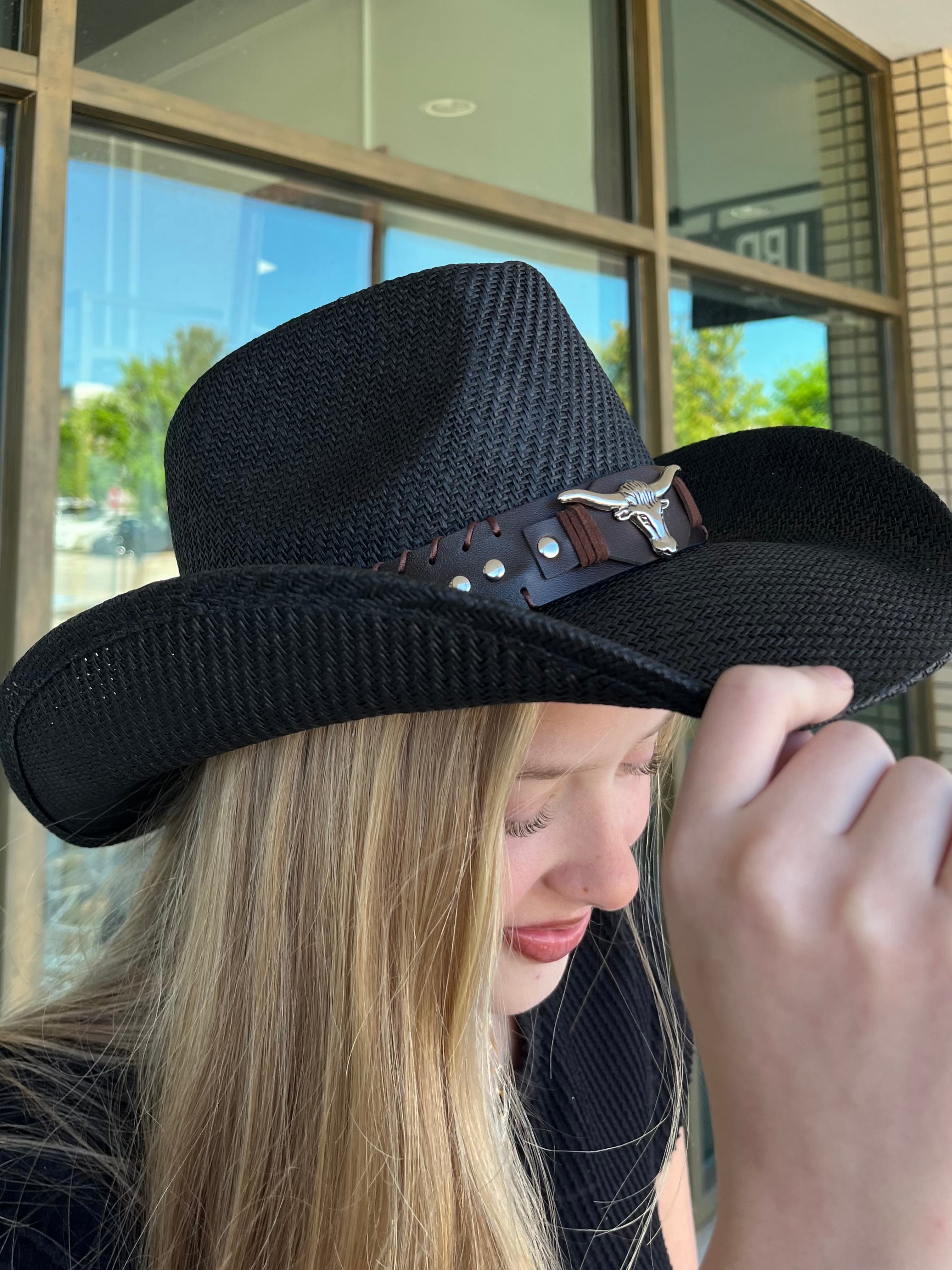 Western longhorn black straw cowboy hat