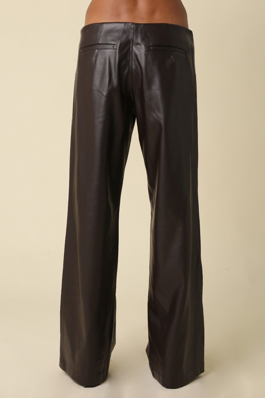 Cora Chocolate Brown Faux Leather Low Rise Wide Leg Pants