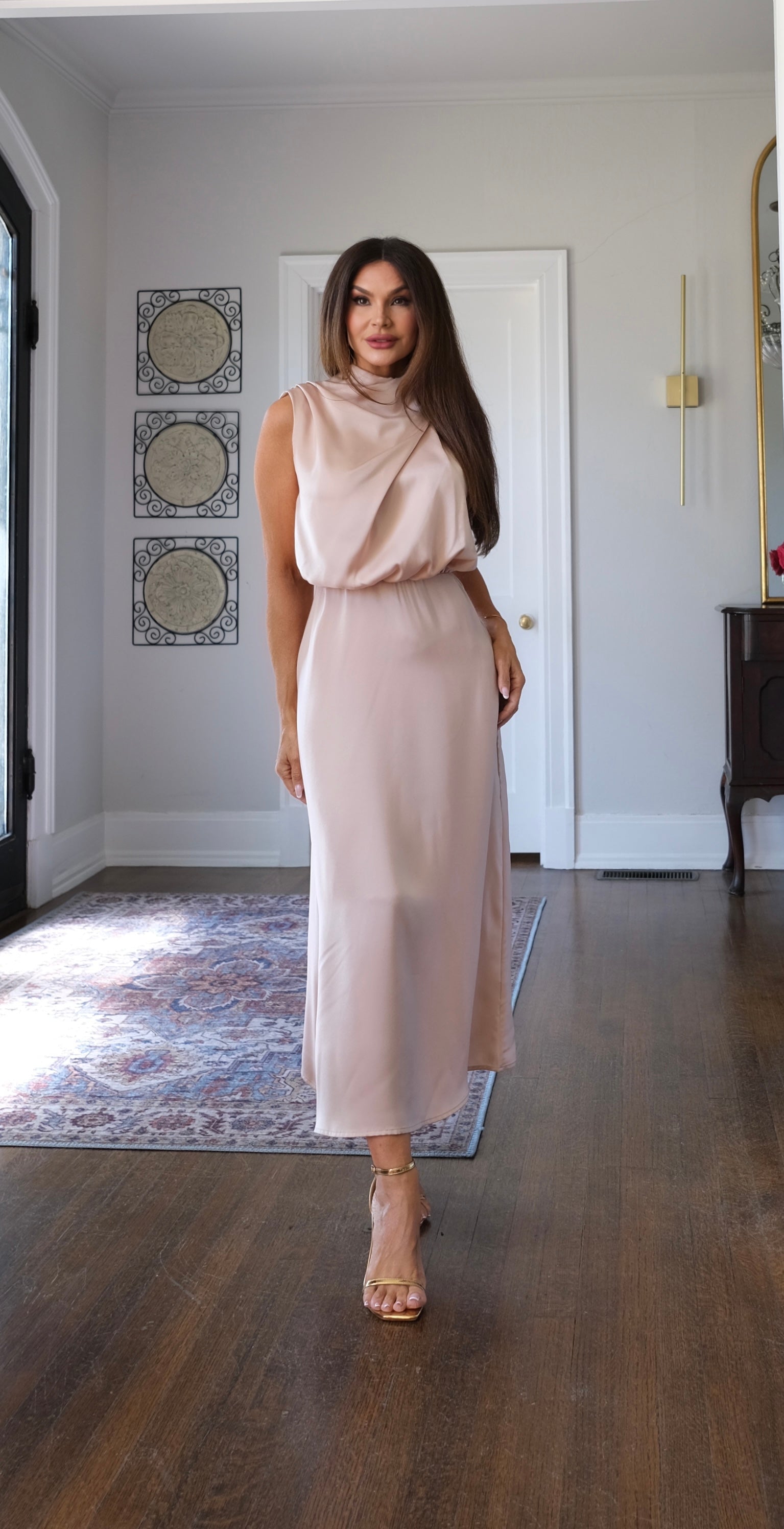 Bridgette apricot satin halter neck midi