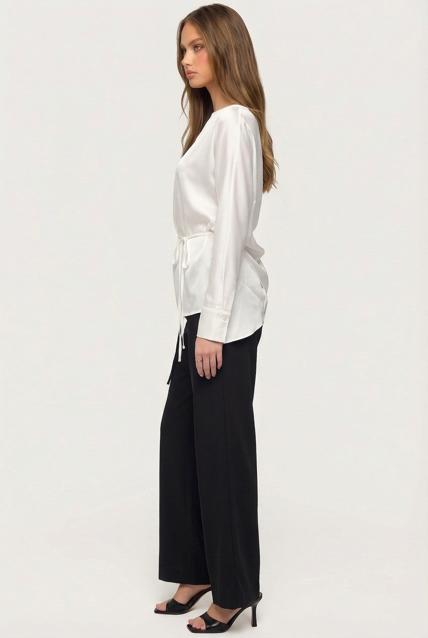 Amy White Satin Long Sleeve Waist Tie Top
