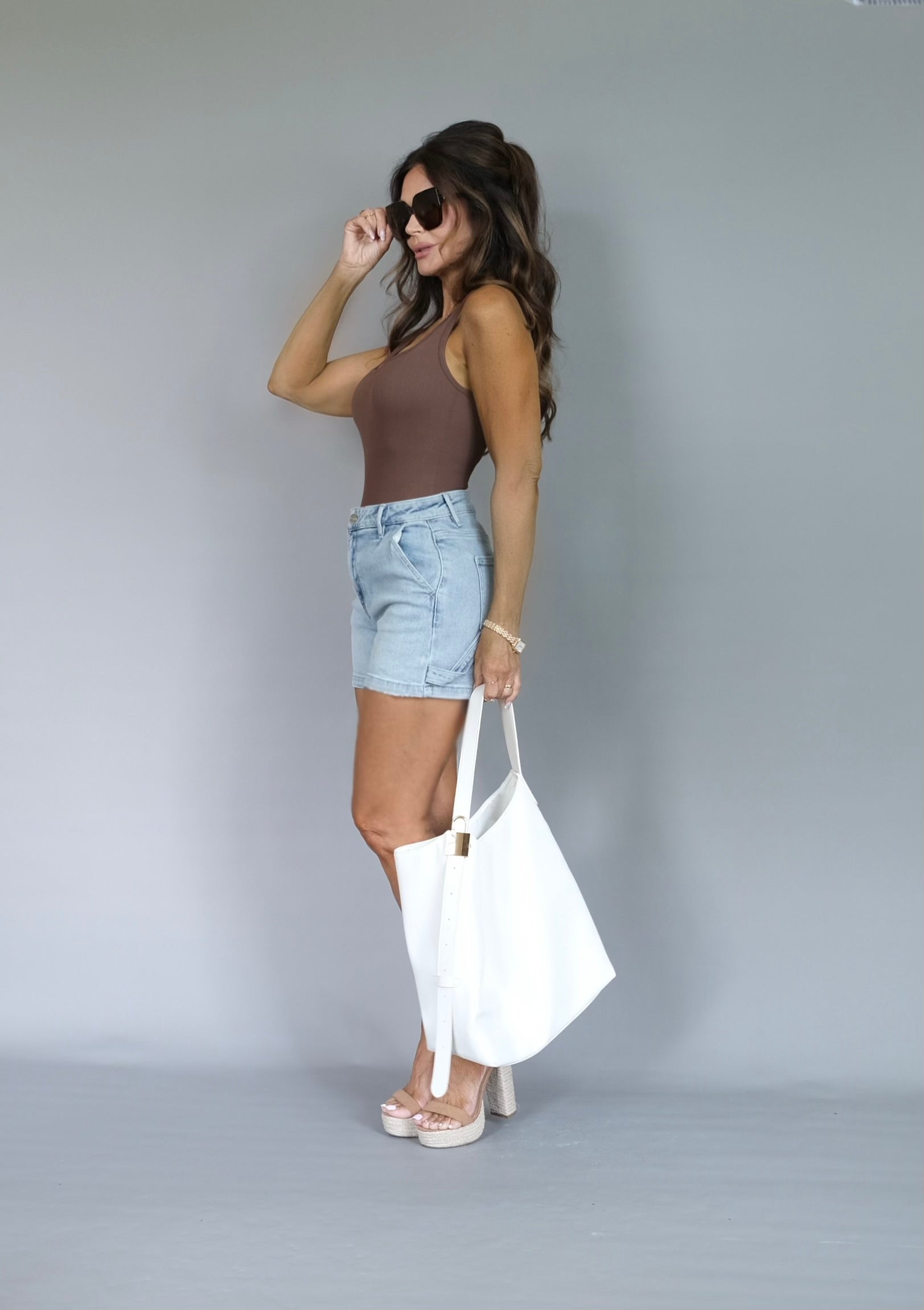 Whitley coffee ribbed square neck bodysuit
