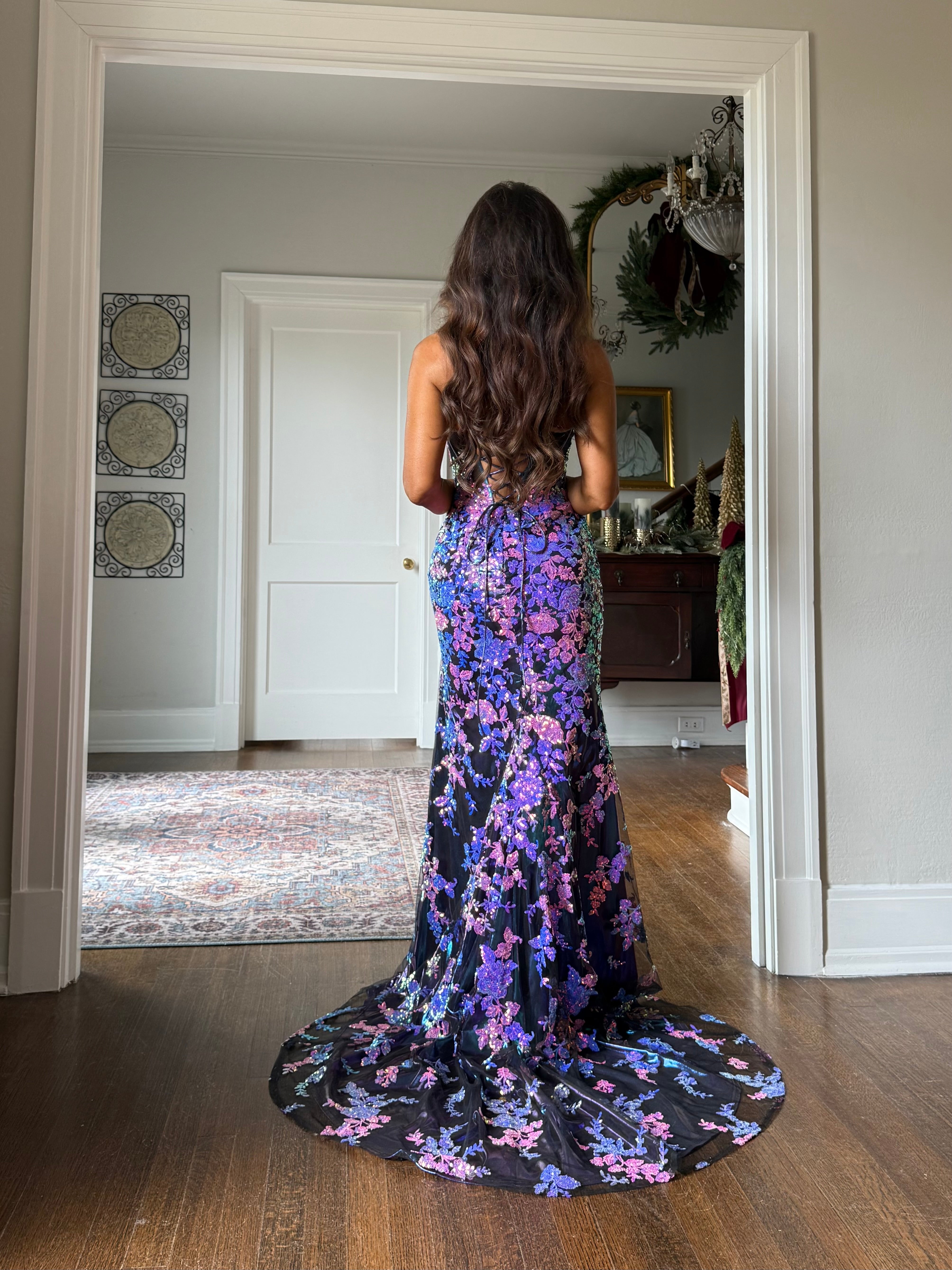 Stephanie purple sequin formal with floral embroidery