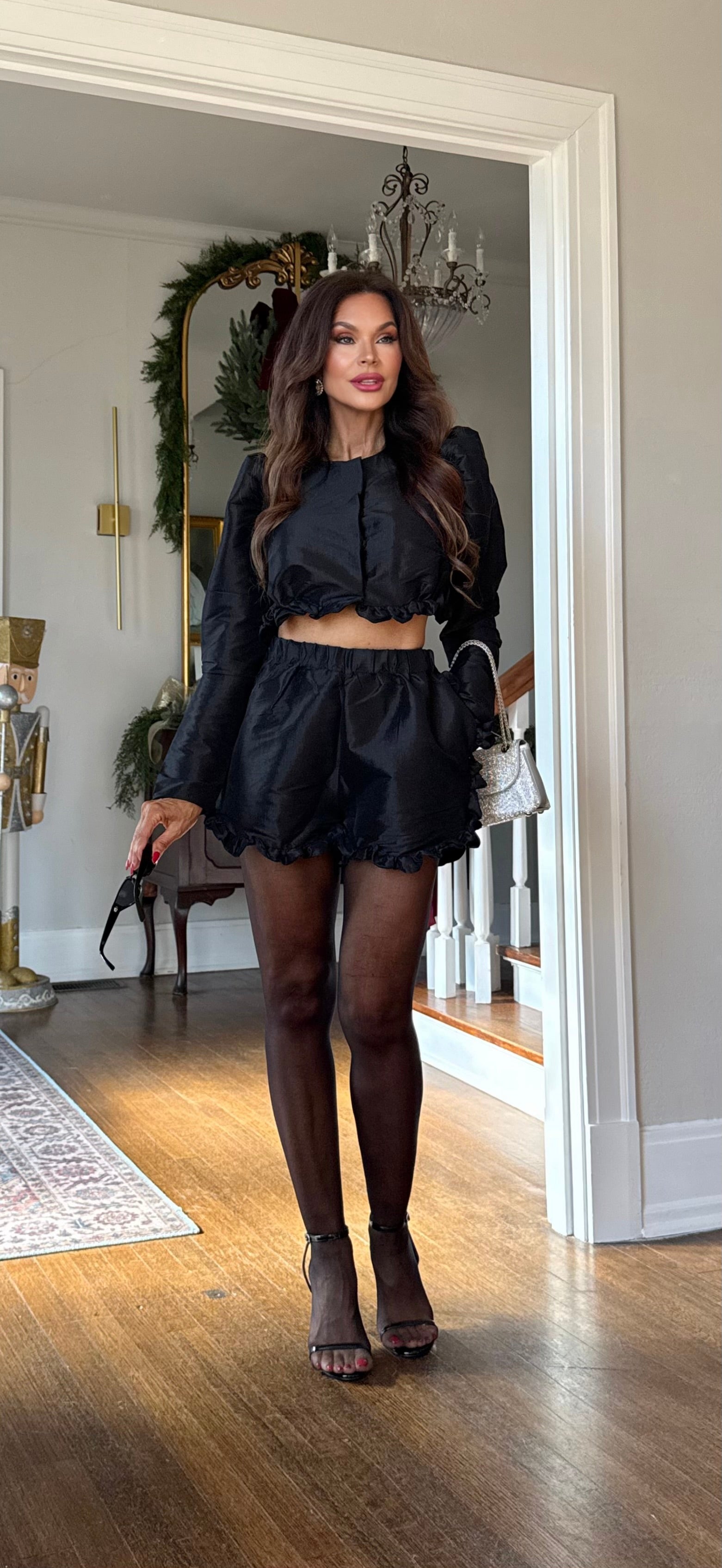 Tamra Black Taffeta Shorts With Ruffle Trim