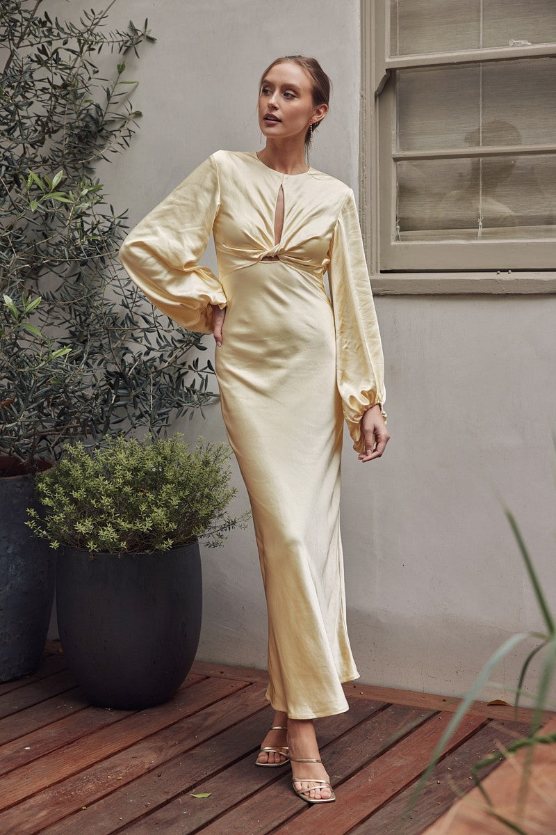 Utah Butter Yellow Satin Round Neck Lantern Sleeve Midi Dress