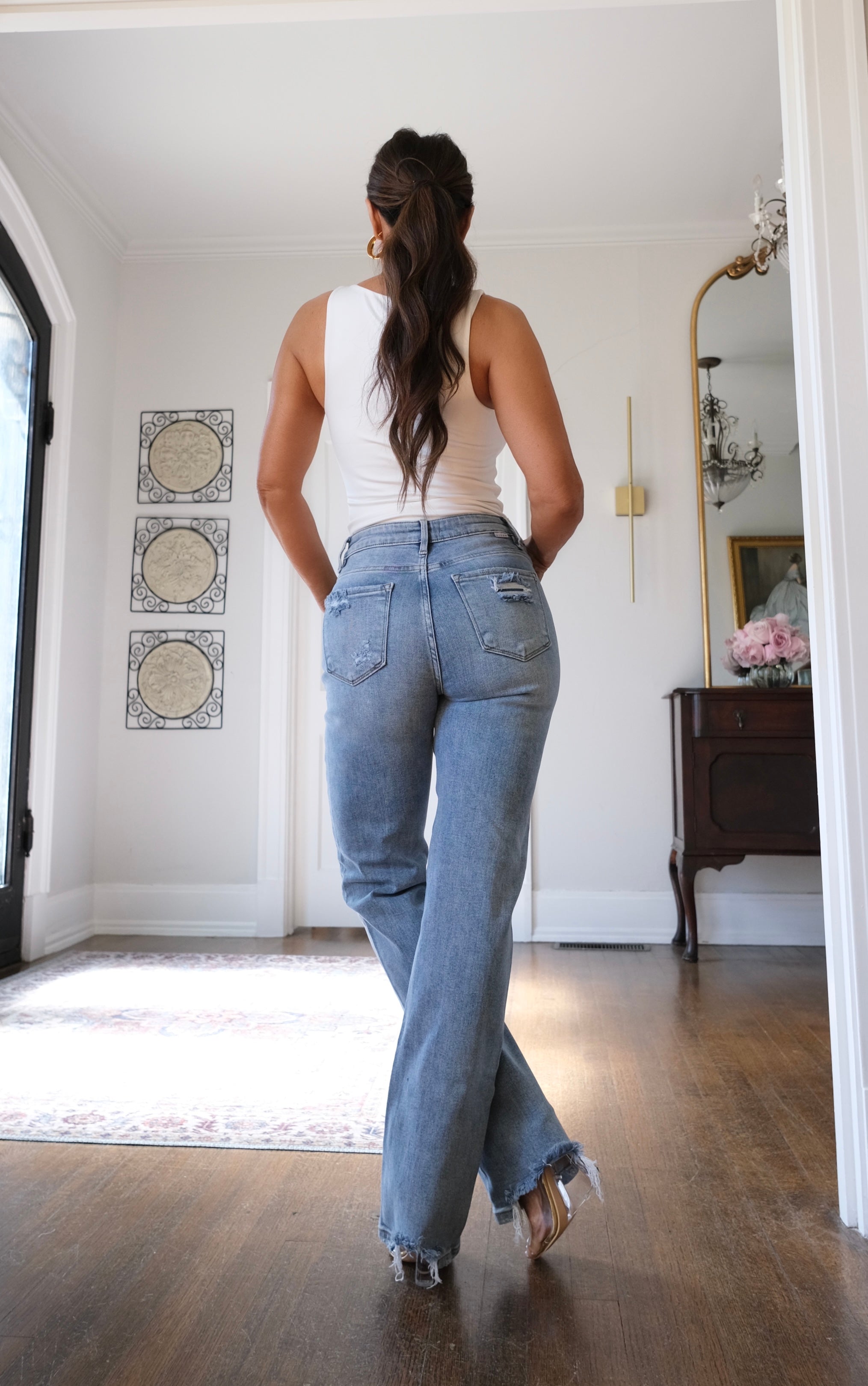 Violet light wash high rise straight bootcut jean