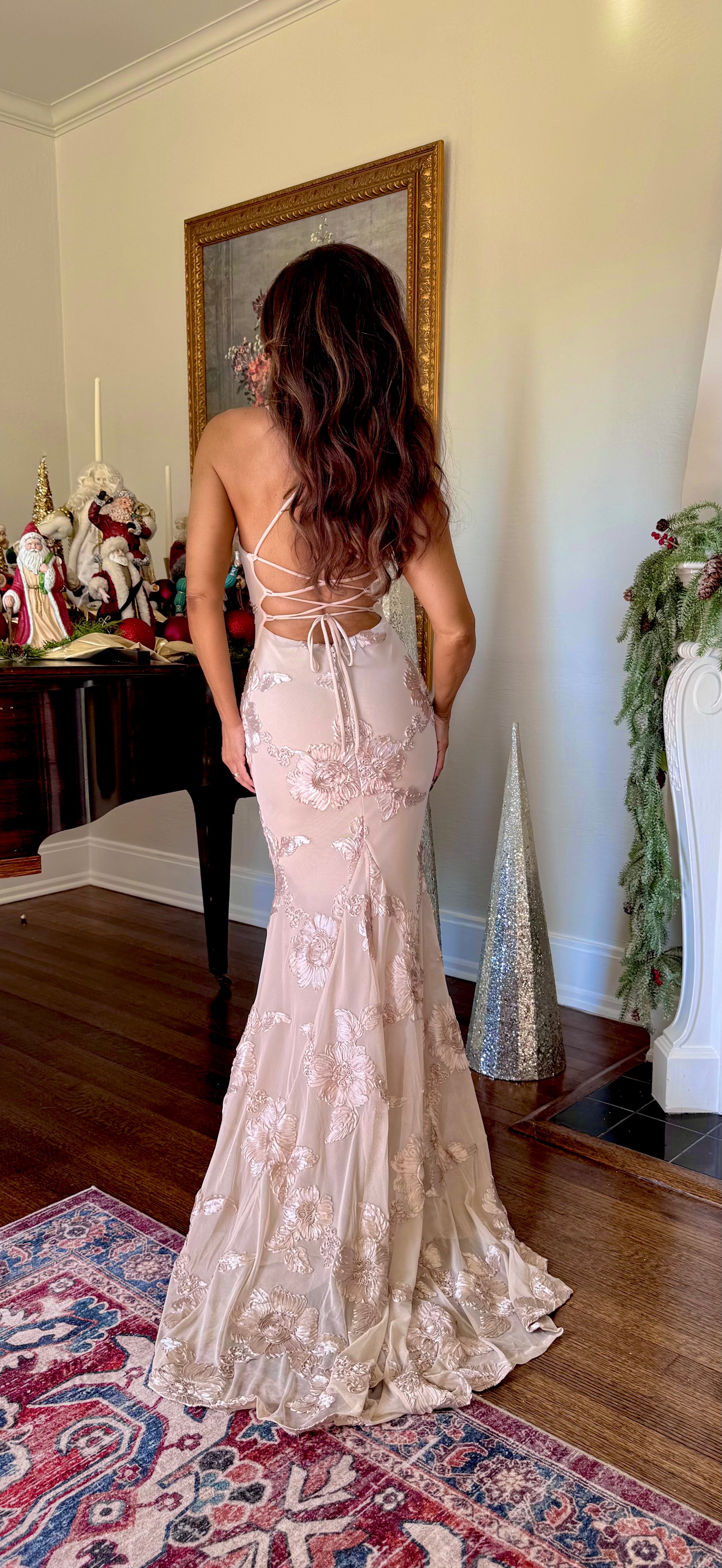 Sophie Champagne Flower Oblique Lace On Stretch Mesh Formal Dress