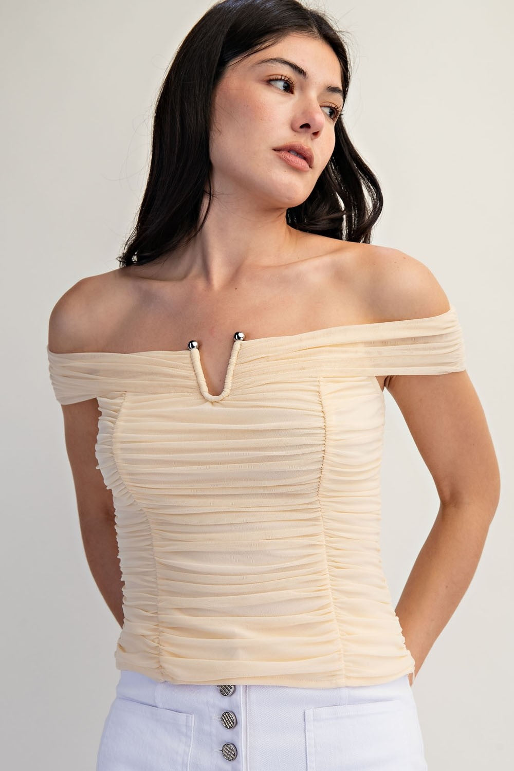 Marli mesh off shoulder ruched top