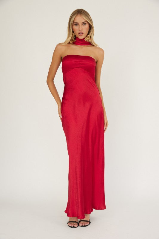 Posh Satin Midi Dress With Attached Neck Sash