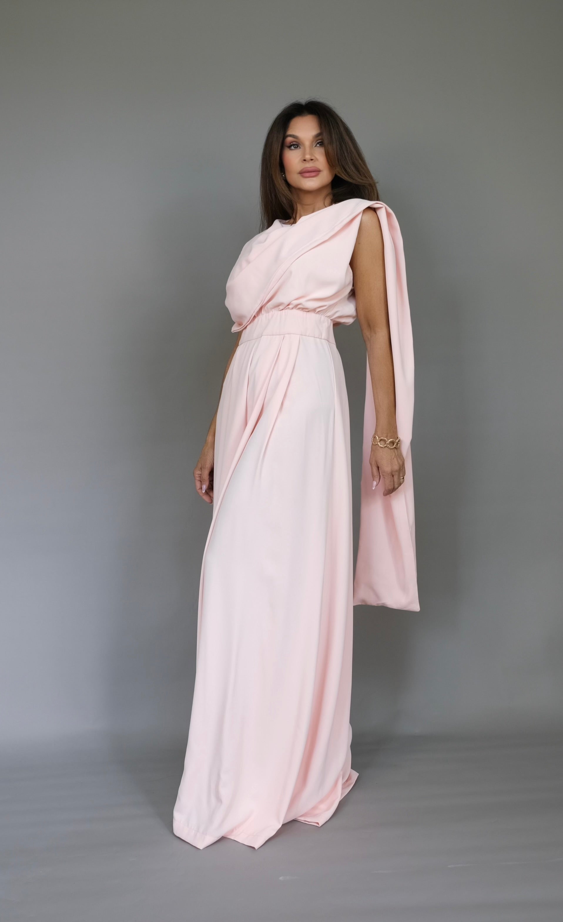 Jersey light peach wide leg jumpsuit with scarf detail