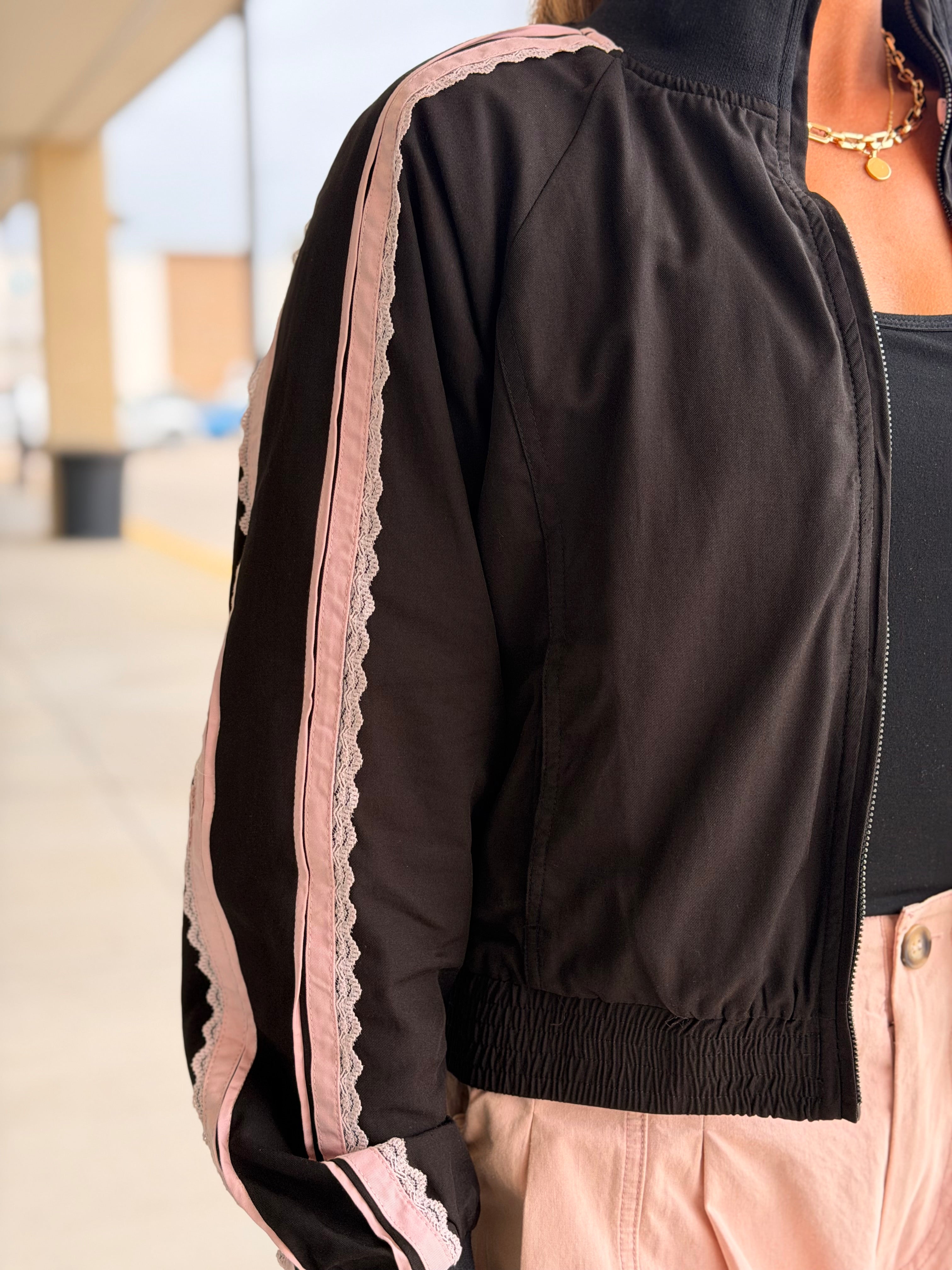 Abbie Black & Blush Lace Trim Zip Up Jacket
