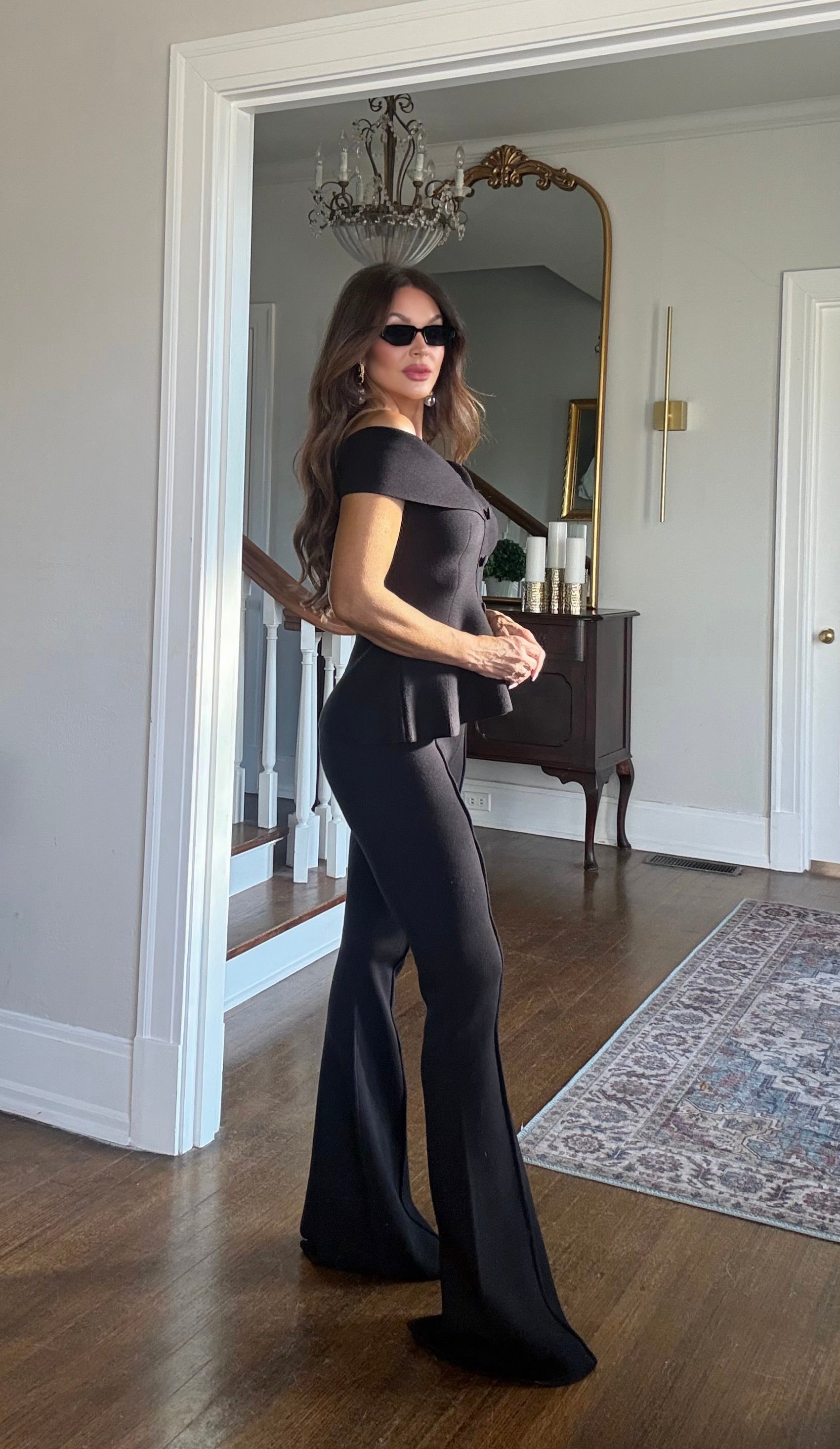 Ebony Black High Rise Knit Flare Pant with Center Seam