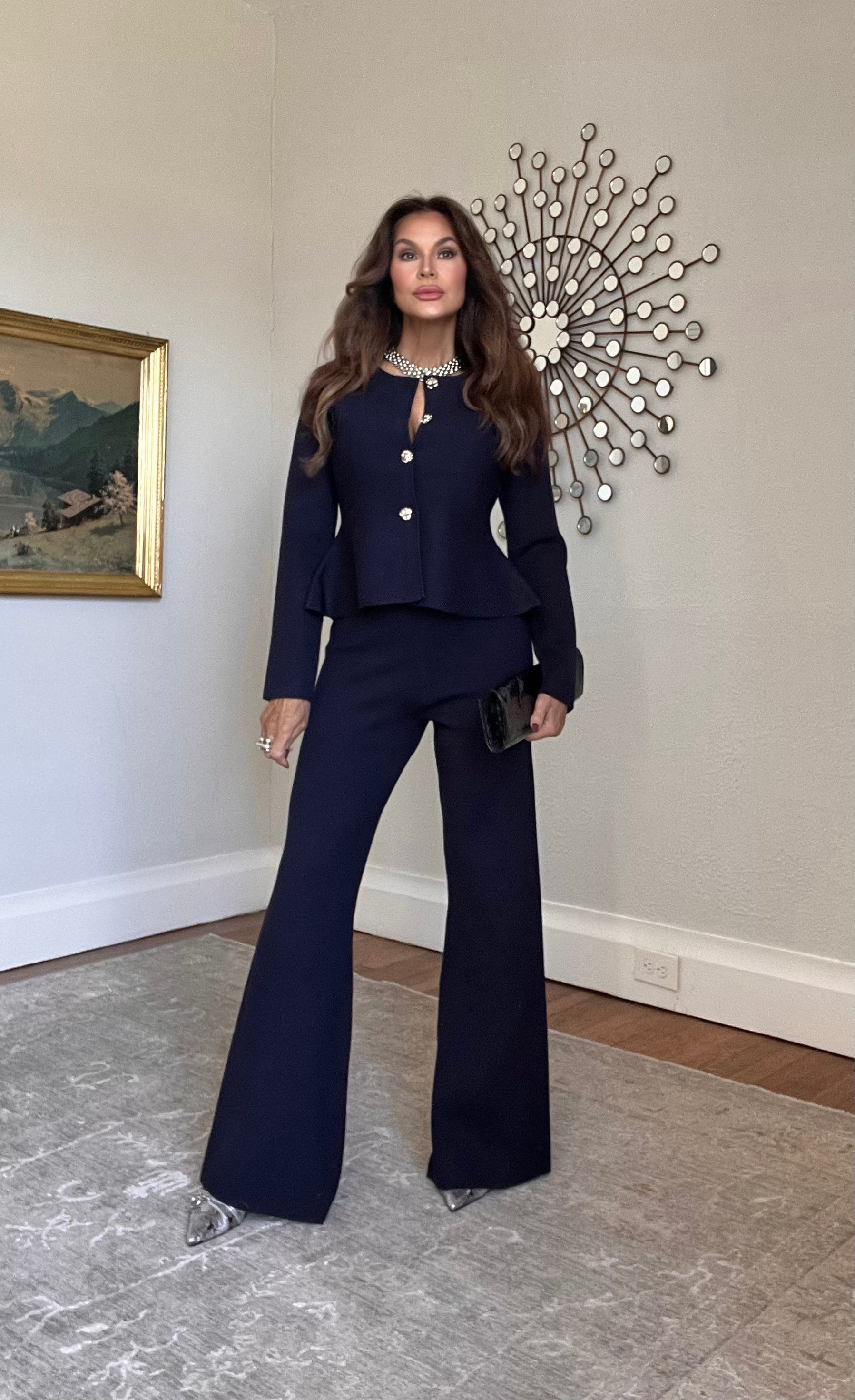 Liberty Navy Knit High Waist Flare Pant