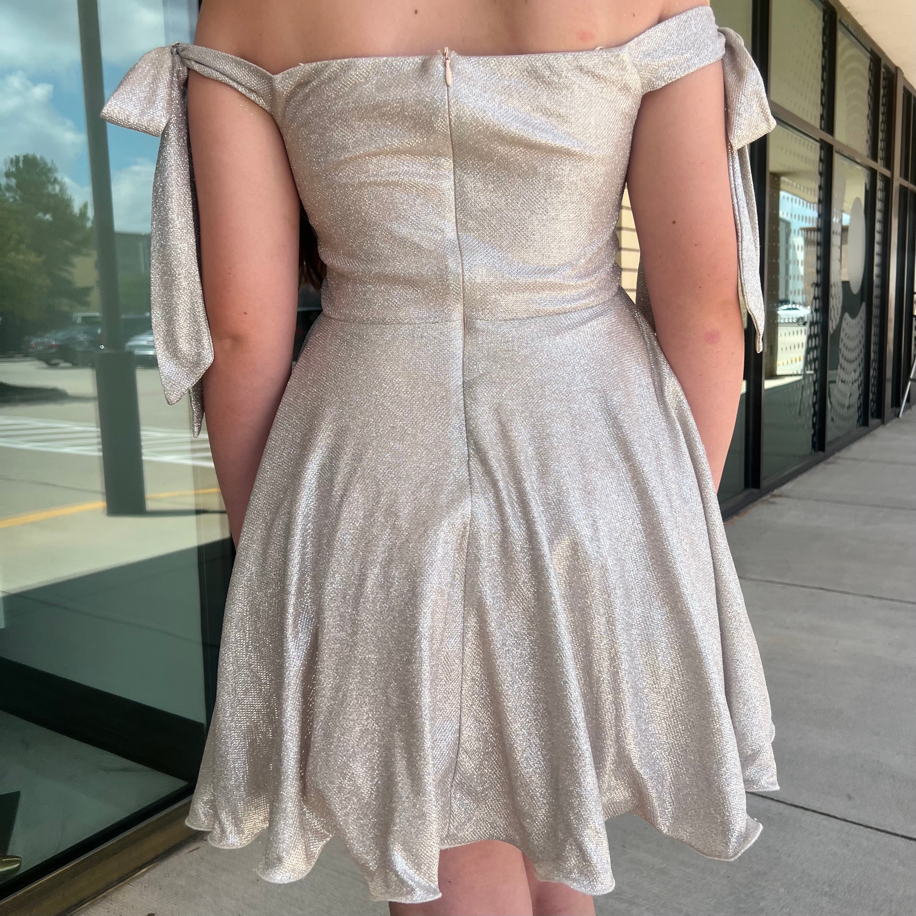 Esther Champaign Glitter Off The Shoulder Tie Circle Mini Dress