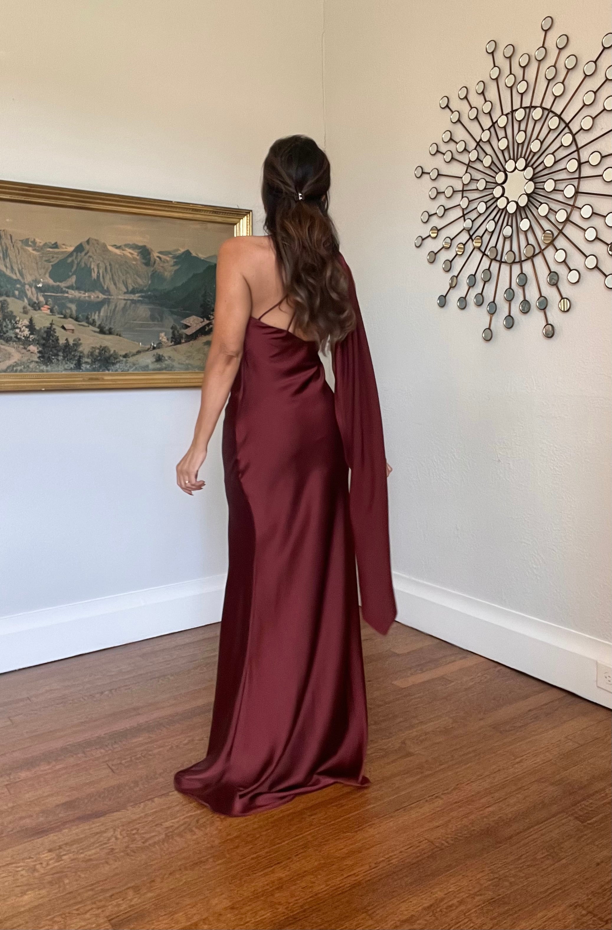 Christie Chicago Brick Satin One Shoulder Sash Midi Dress