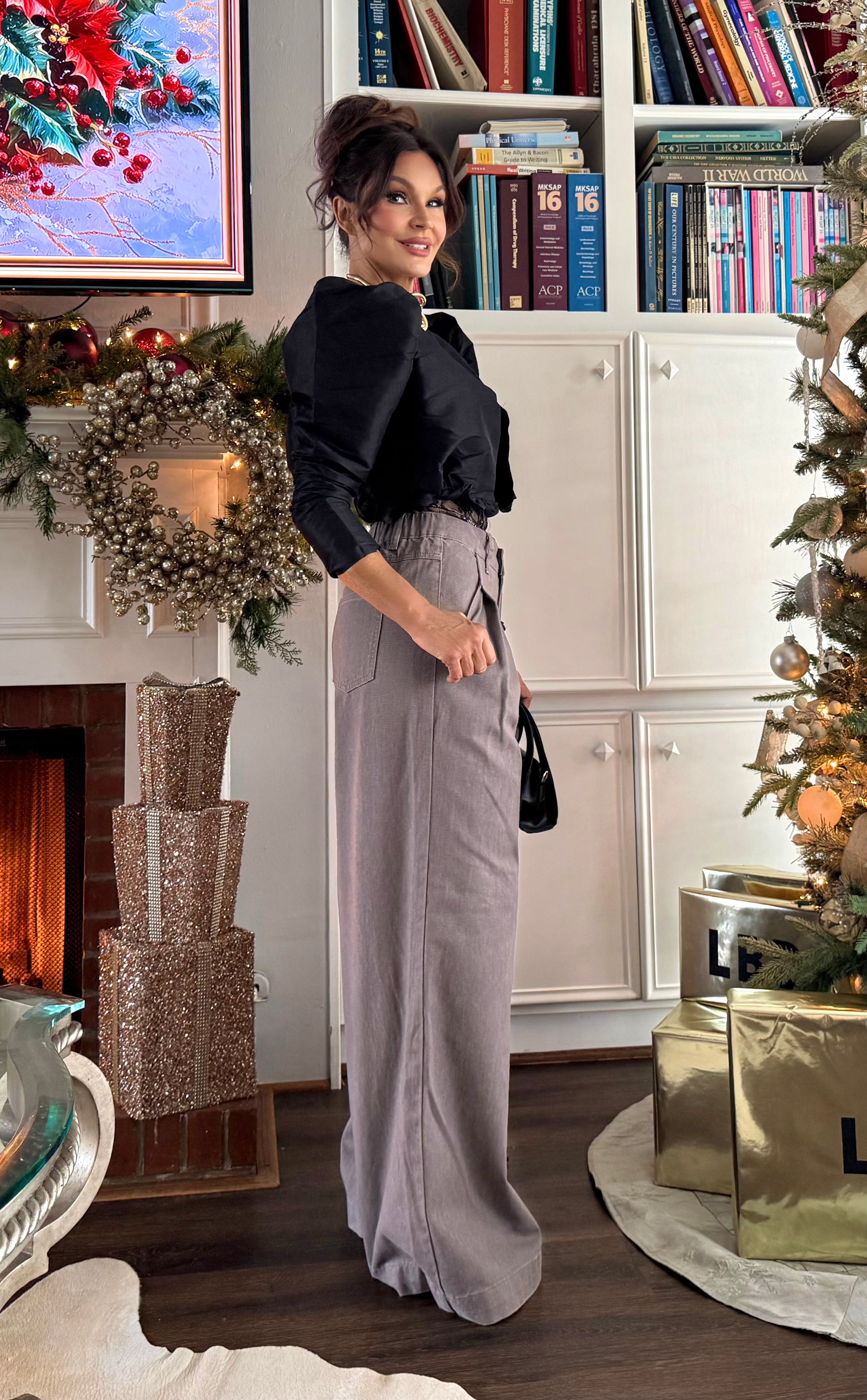 Stanford Light Ash Brown Pleated Wide Leg Denim Jeans