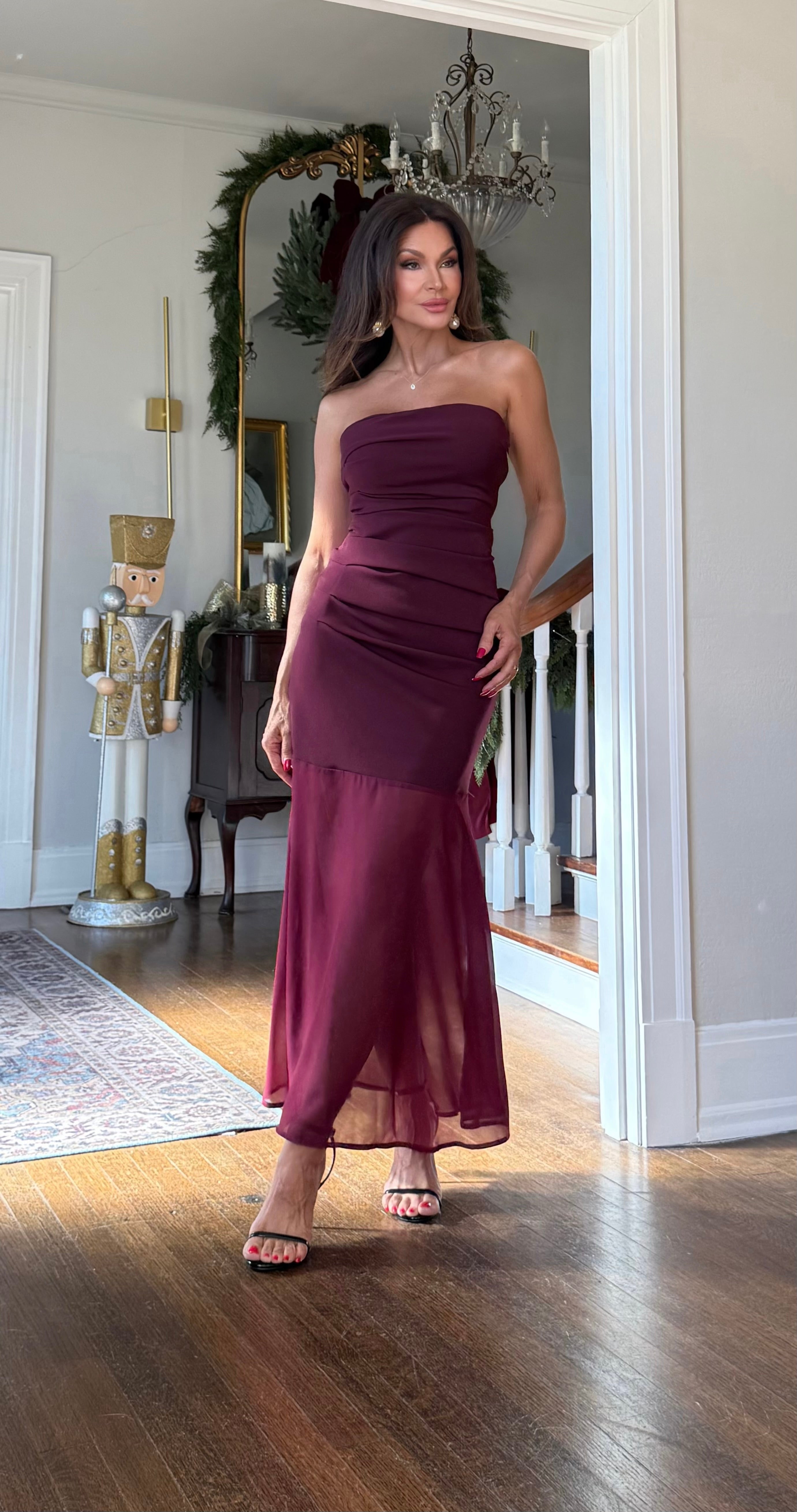 Cora Burgundy Strapless Midi Dress With Shear Bottom