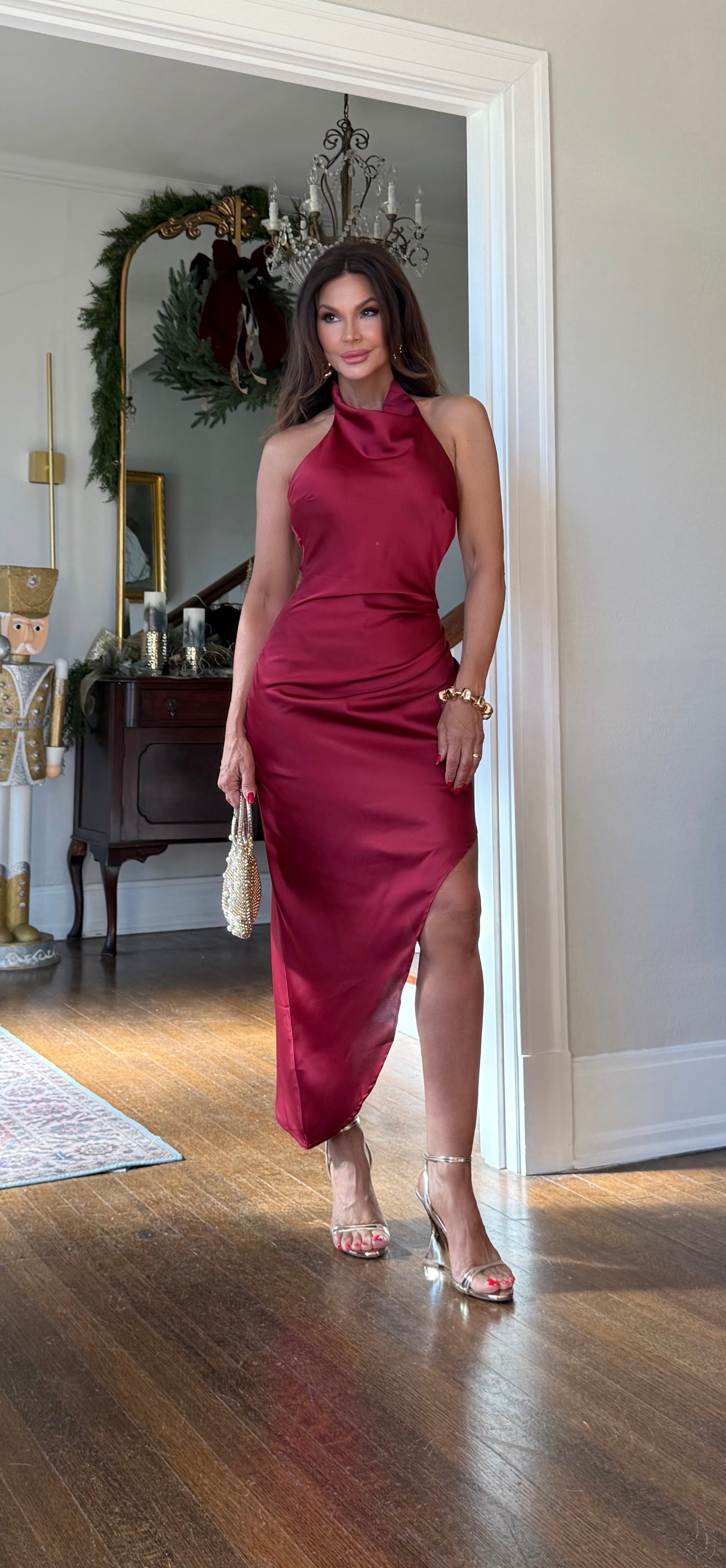 Kingsley Strawberry Wine Satin Asymmetrical Hem Halter Midi Dress