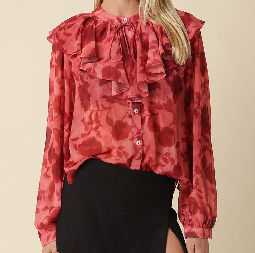 Poppy Pink & Red Floral Ruffle Blouse