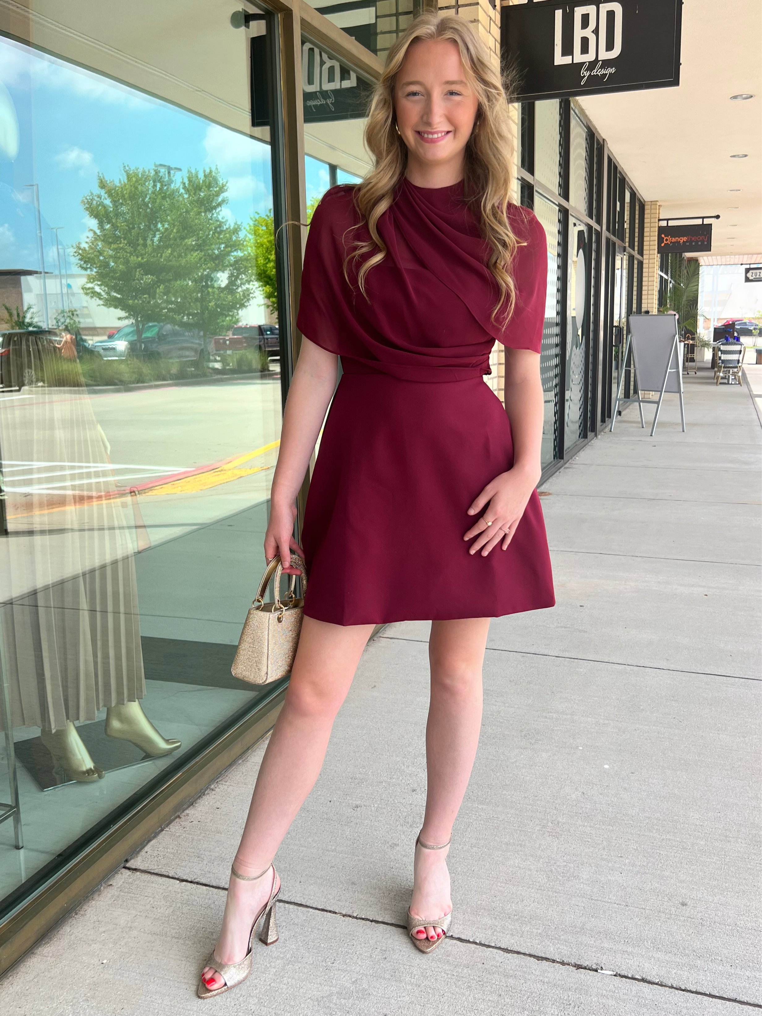 Caroline Cherry Wine A line Mini Dress With Sheer Shawl Overlay