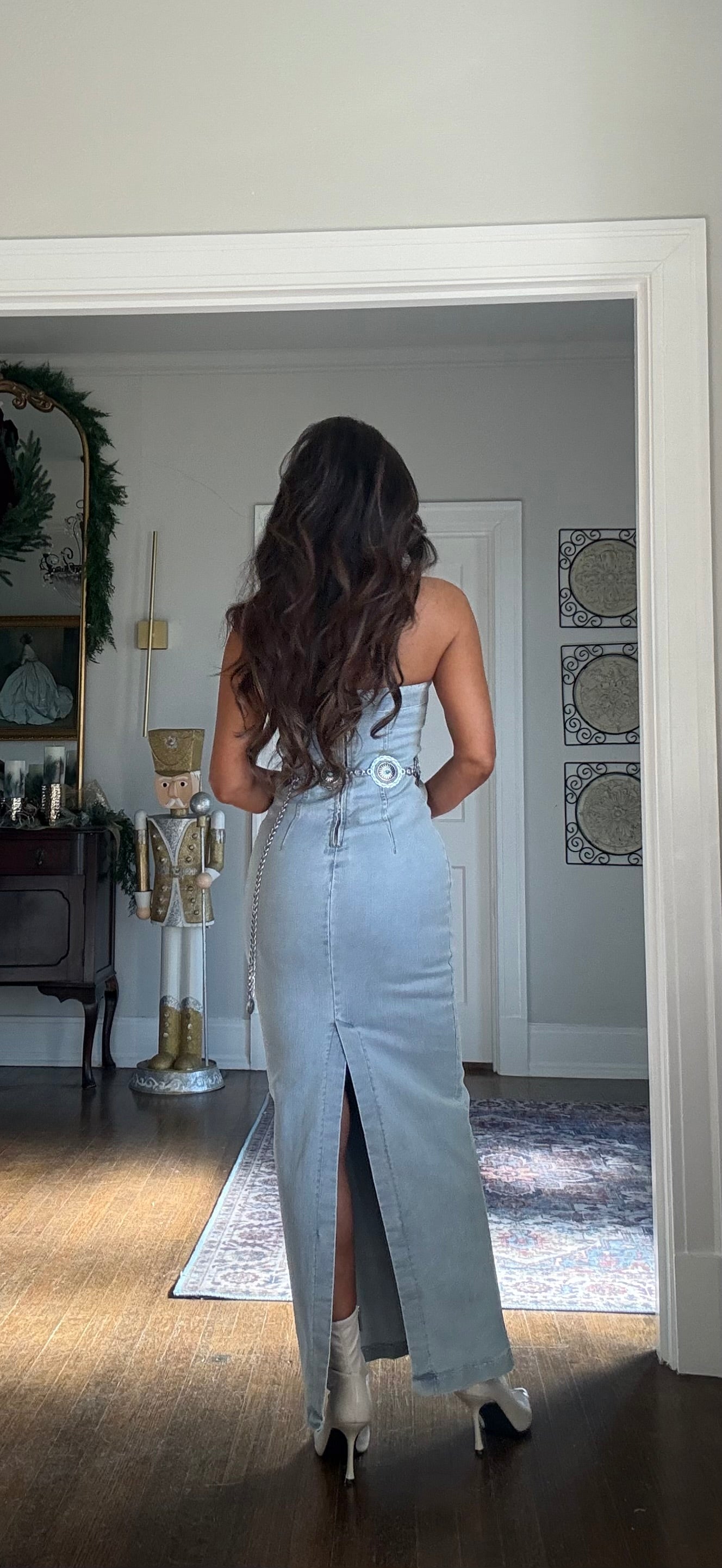 Luca light wash denim strapless maxi dress