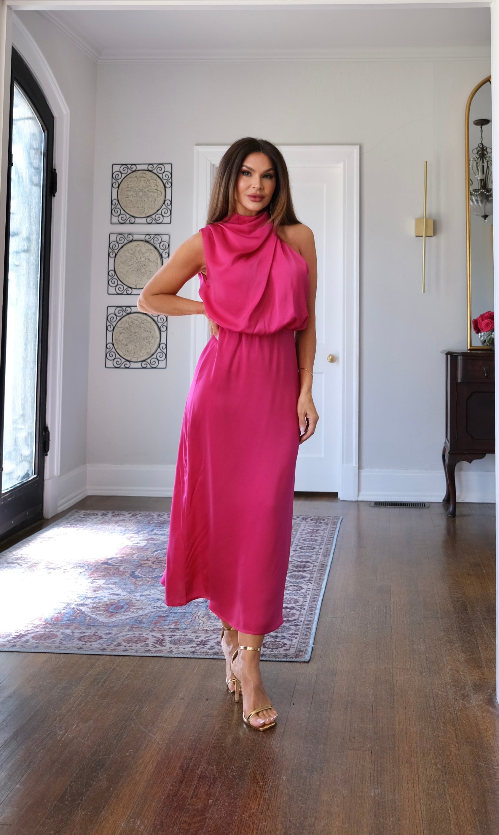 Bridgette rose satin halter neck midi