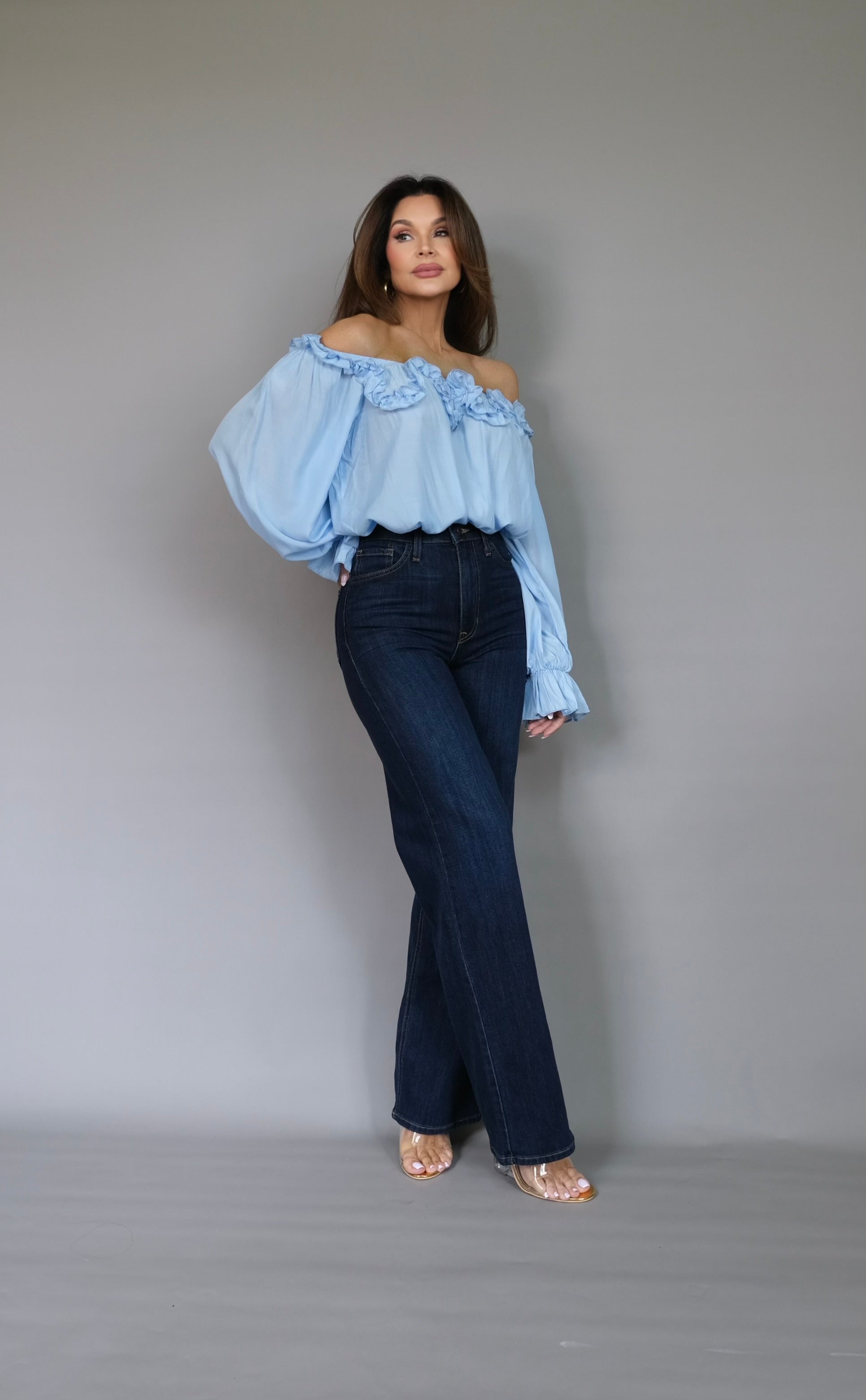 Jane blue off shoulder ruffle shirt