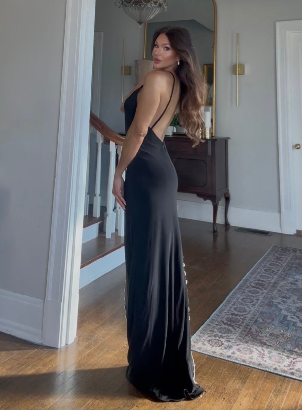 Davina Black formal with scoop back and jeweled cut away slit