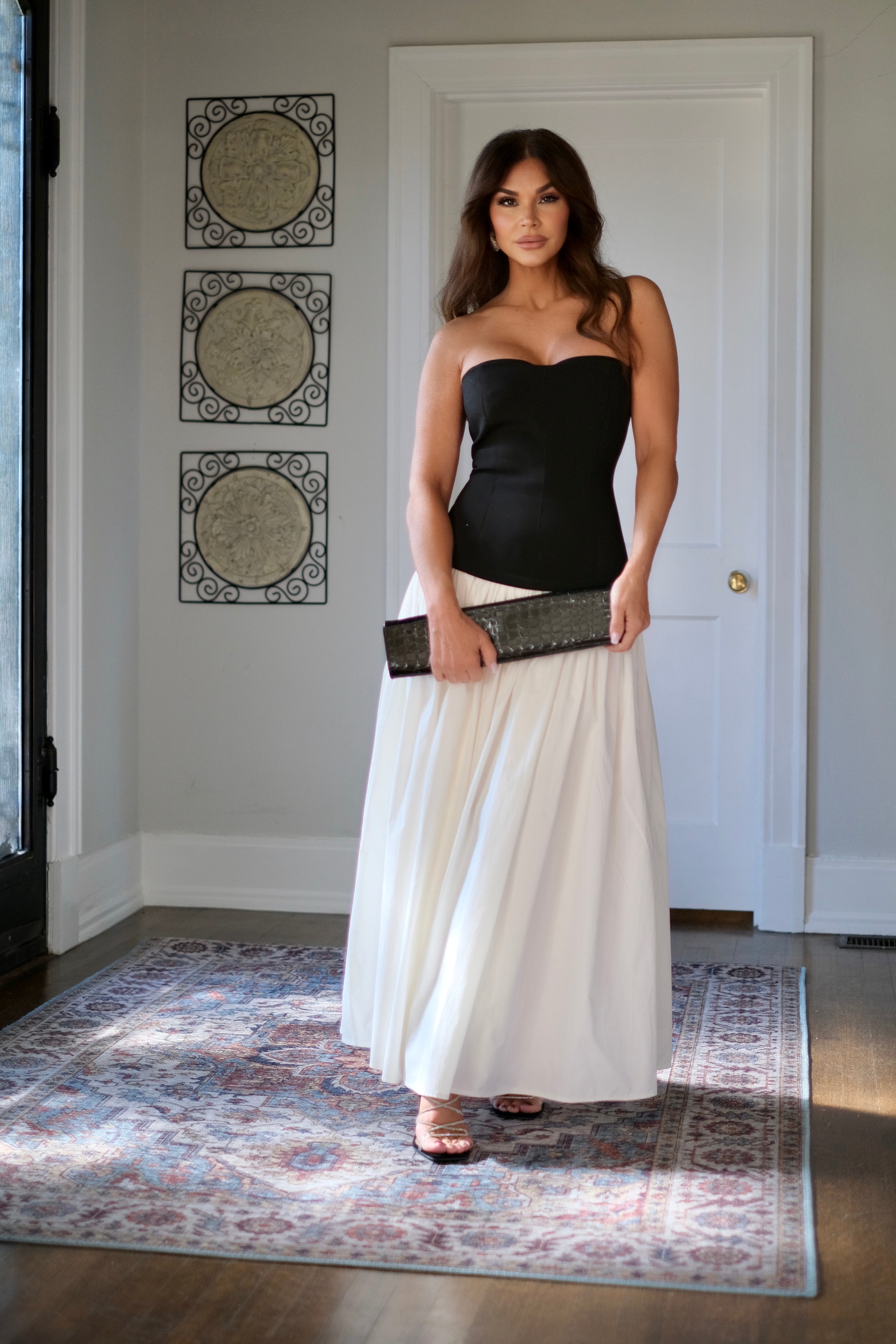Mia Black and Off White Color Block Corset Strapless Maxi Dress